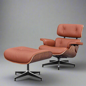 Eames Inspired Mid-Century Lounge Chair & Ottoman – Walnut Wood & Tan Brown | Luxe Furnishes