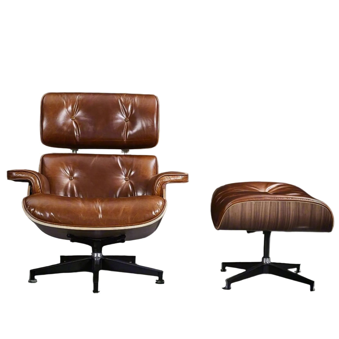Charles Eames Inspired Mid-Century Lounge Chair & Ottoman XL – Walnut Wood Waxed Vintage Tan - Aura Furnitures