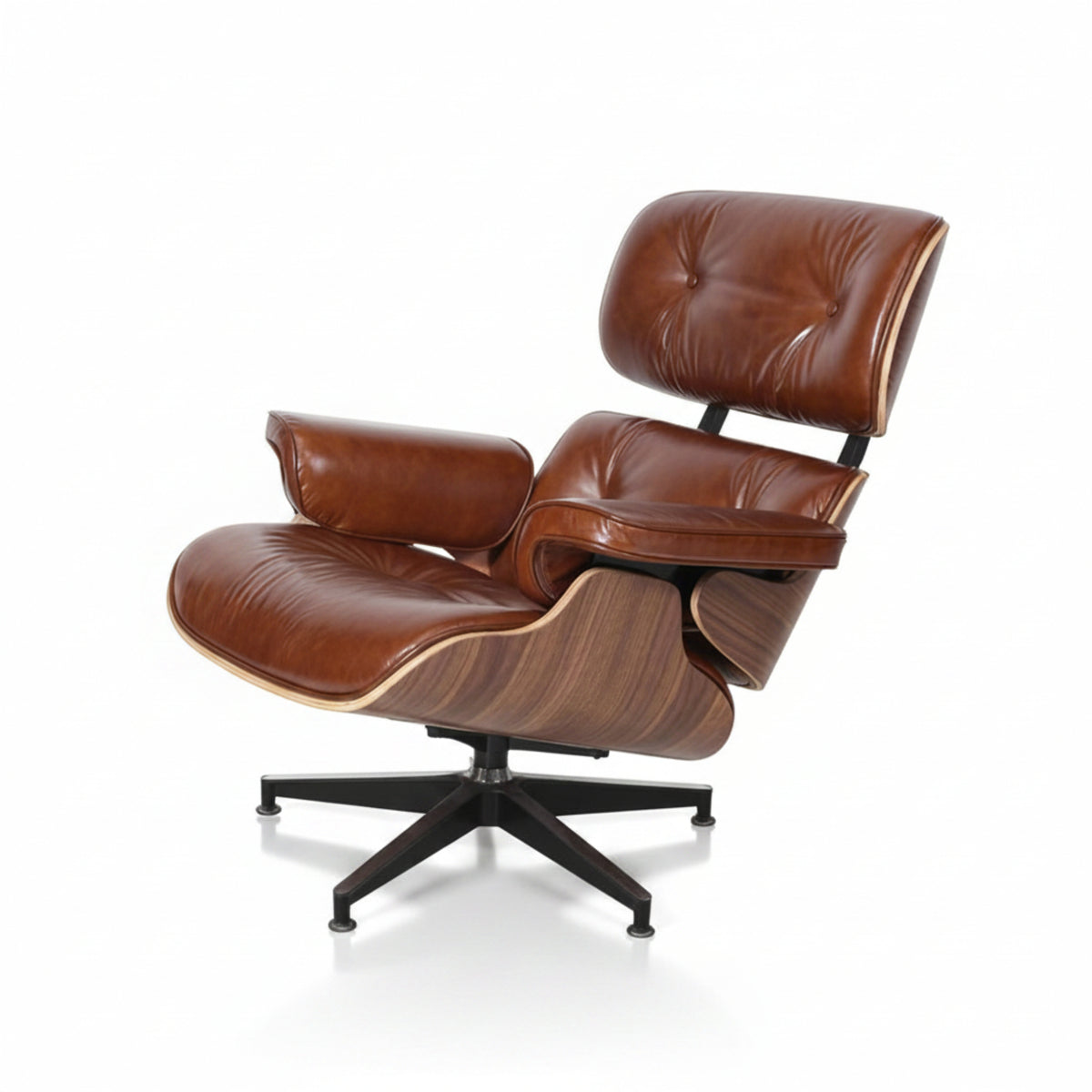 Charles Eames Inspired Mid-Century Lounge Chair & Ottoman XL – Walnut Wood Waxed Vintage Tan - Aura Furnitures