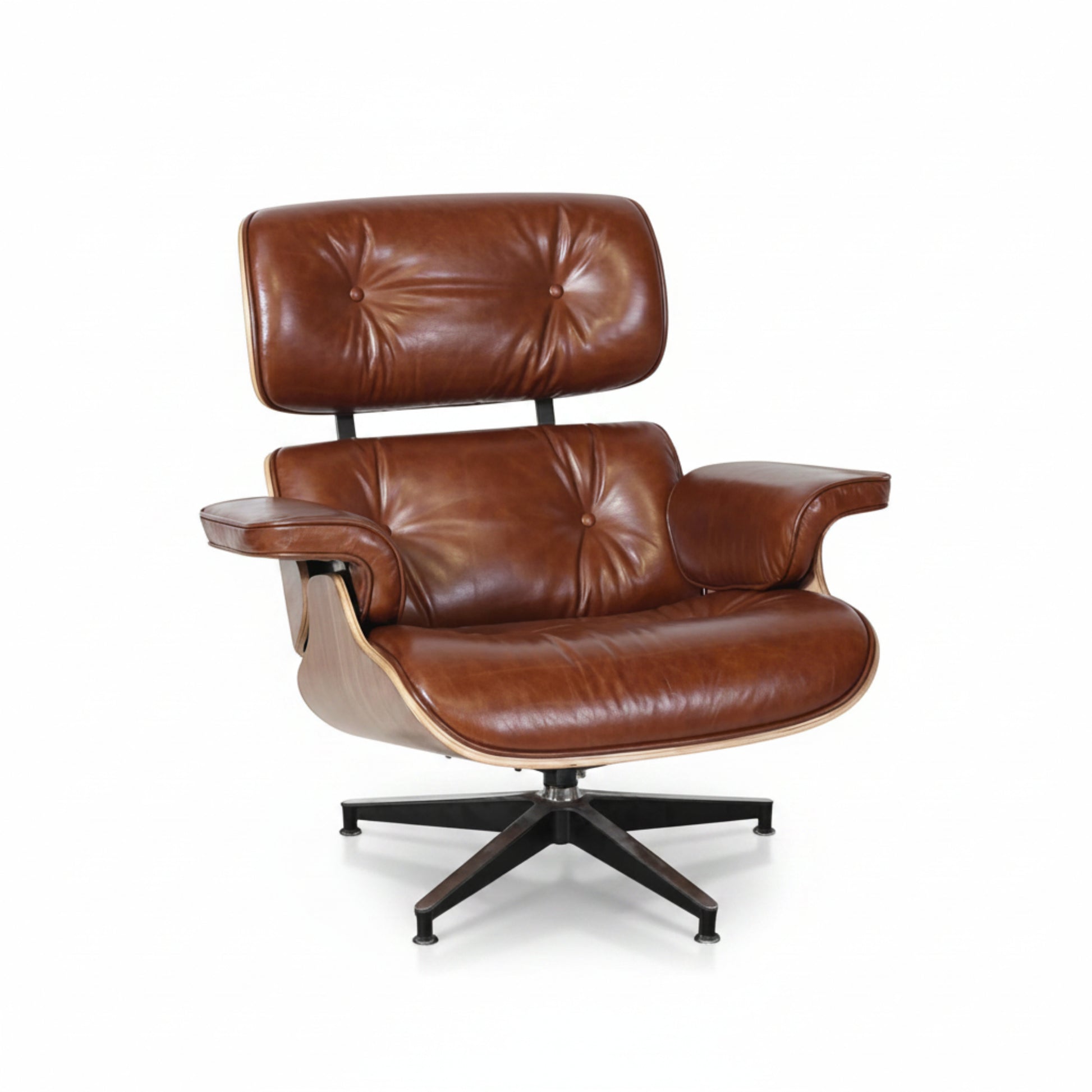 Charles Eames Inspired Mid-Century Lounge Chair & Ottoman XL – Walnut Wood Waxed Vintage Tan - Aura Furnitures