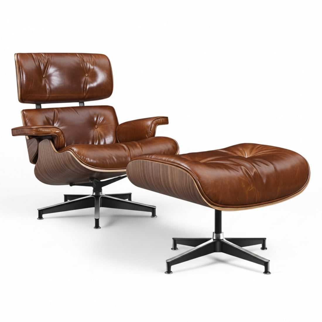 Charles Eames Inspired Mid-Century Lounge Chair & Ottoman XL – Walnut Wood Waxed Vintage Tan - Aura Furnitures