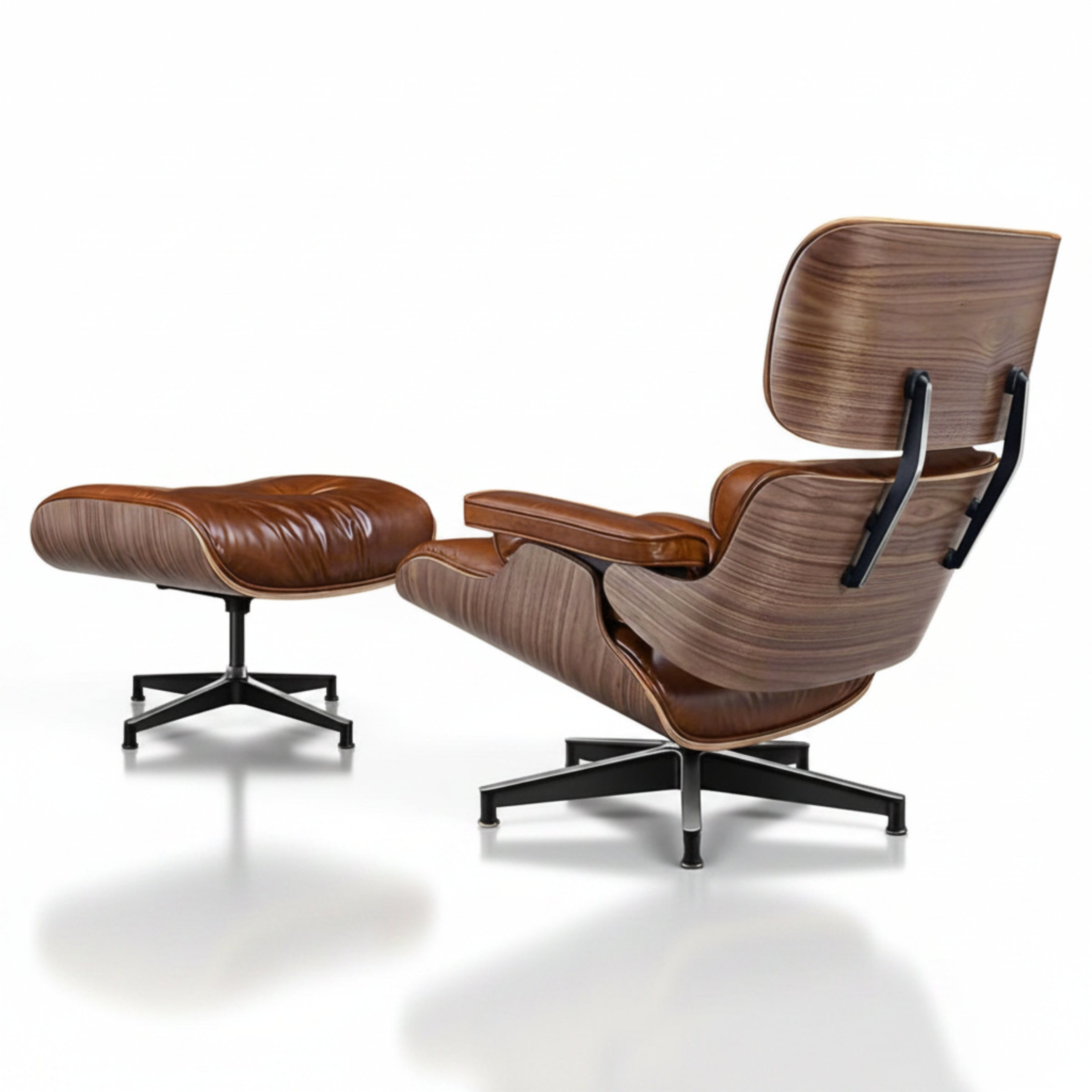 Charles Eames Inspired Mid-Century Lounge Chair & Ottoman XL – Walnut Wood Waxed Vintage Tan - Aura Furnitures