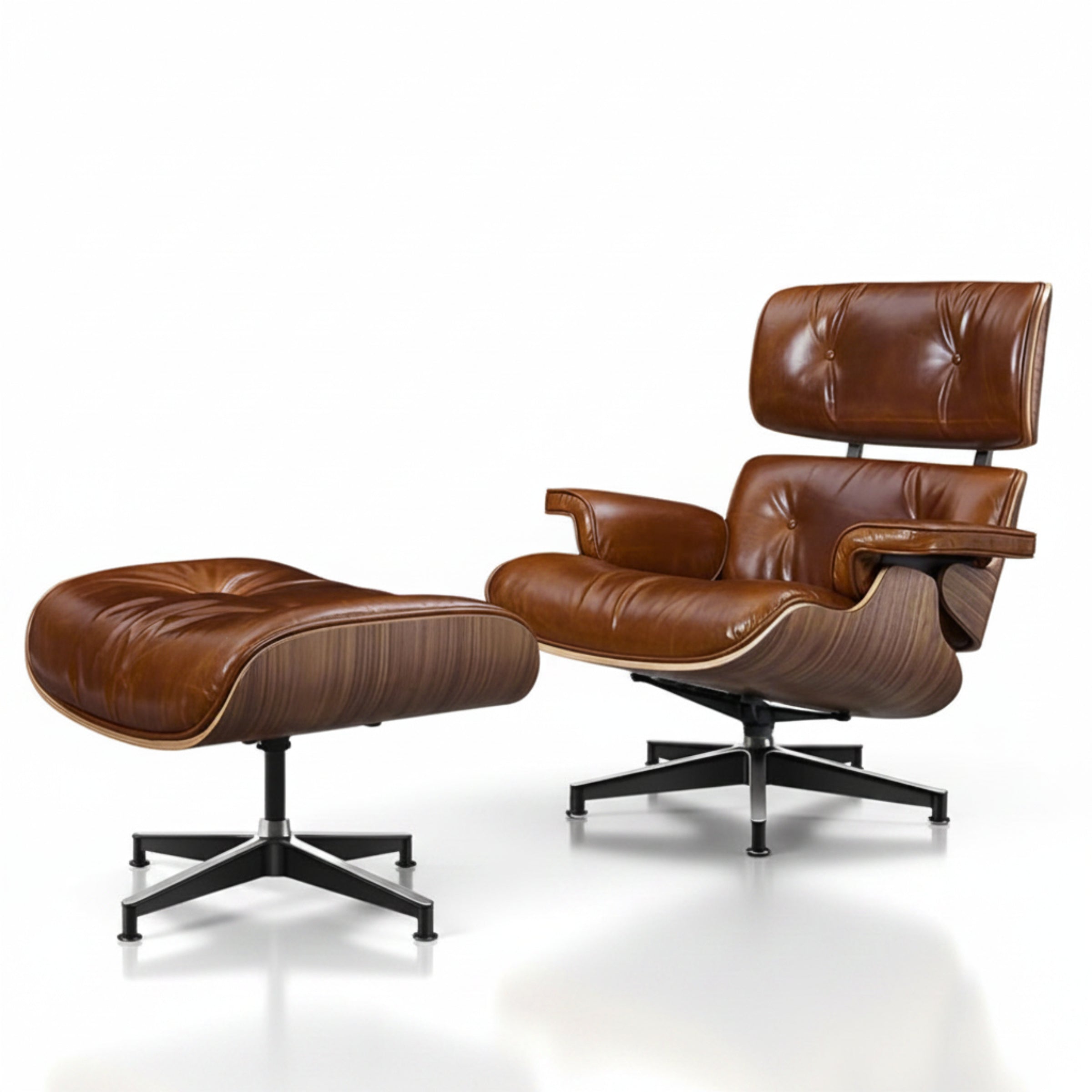 Charles Eames Inspired Mid-Century Lounge Chair & Ottoman XL – Walnut Wood Waxed Vintage Tan - Aura Furnitures