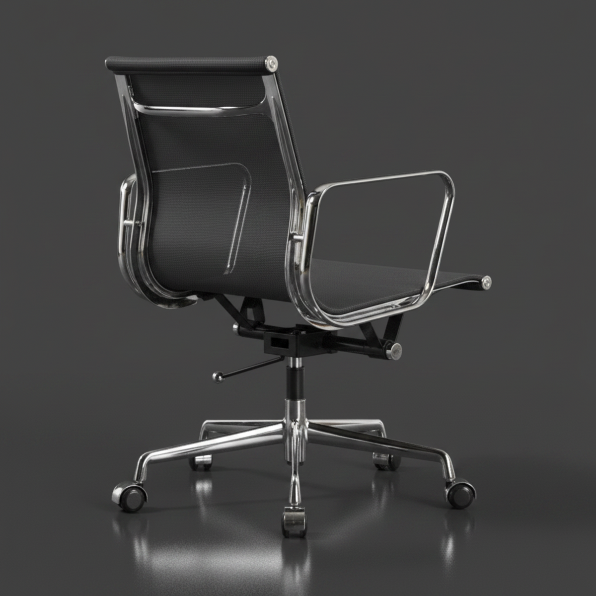 A modern black mesh office chair with a polished chrome five-star base and armrests.