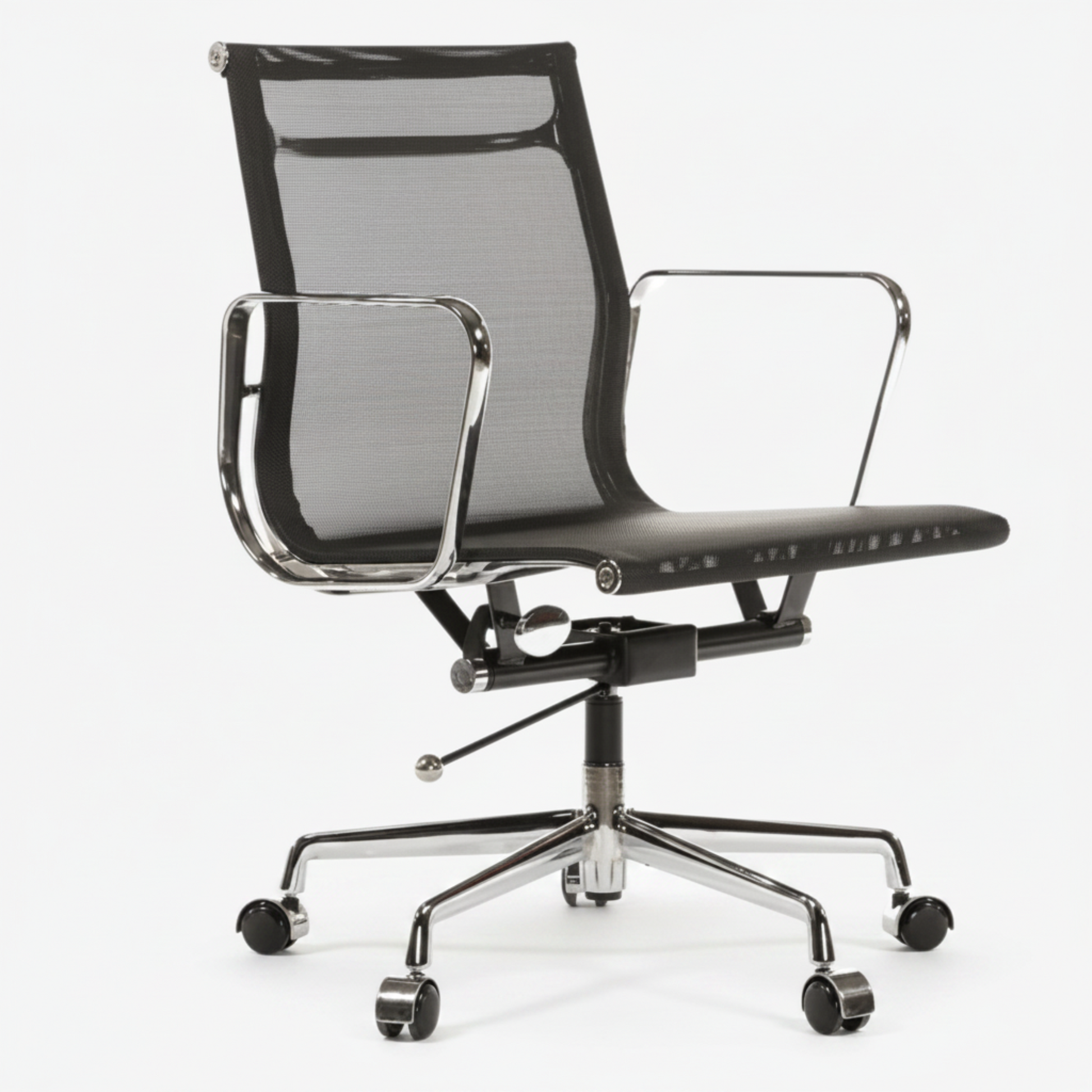 A modern office chair with a black mesh backrest and seat, supported by a chrome five-star base with casters.