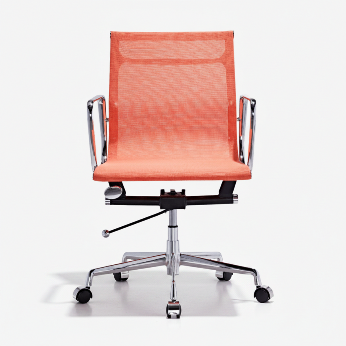 An orange mesh office chair with a chrome five-star base and black casters, shown from a front angle on a light gray background.