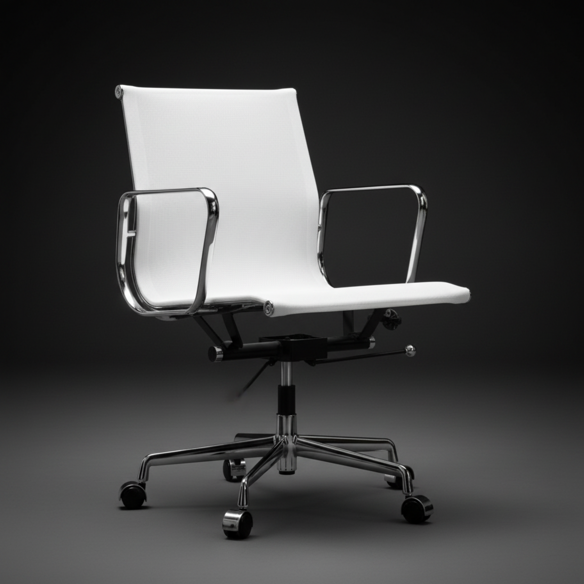 A modern white office chair with a high back, chrome metal armrests and base, and black casters.