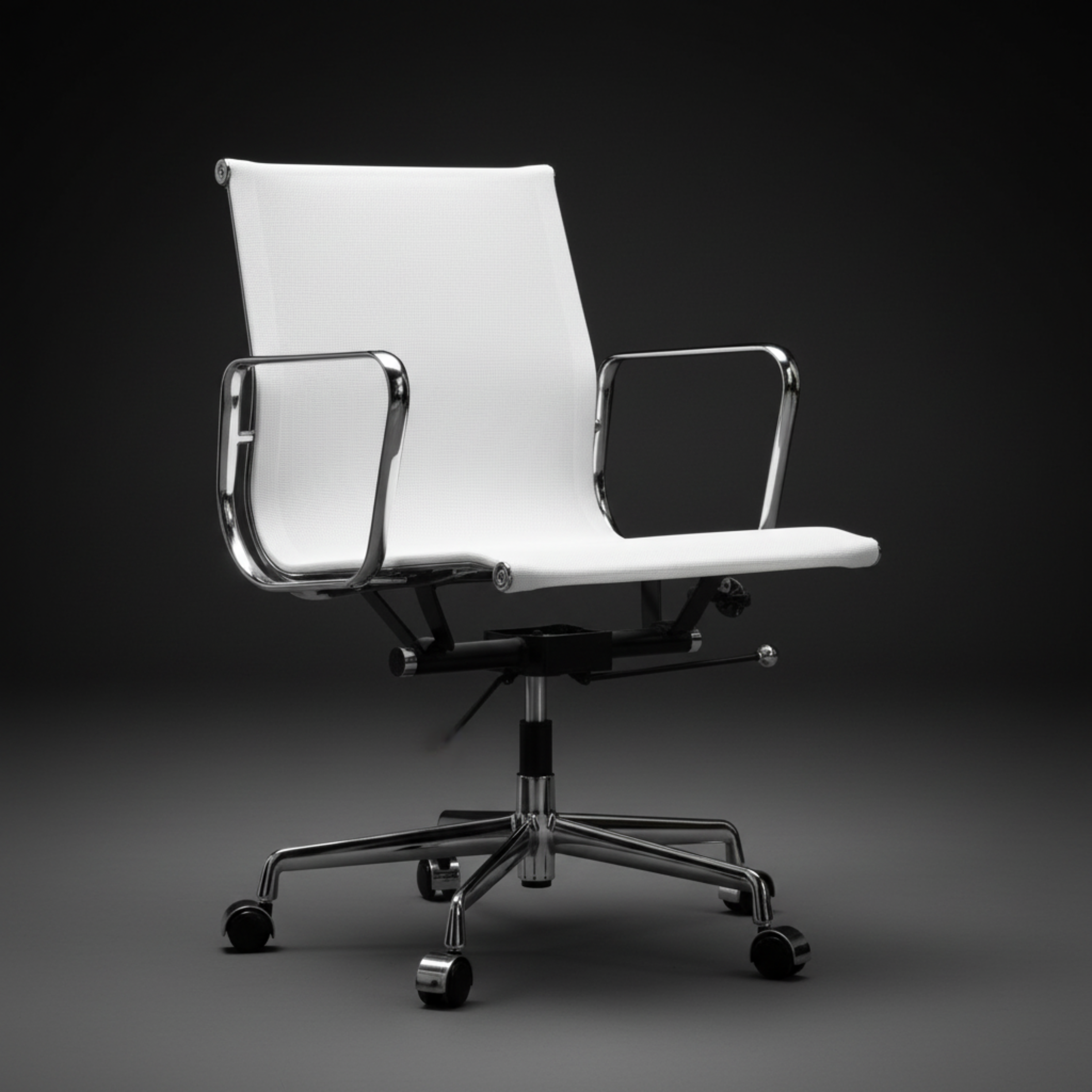 A modern white office chair with a high back, chrome metal armrests and base, and black casters.