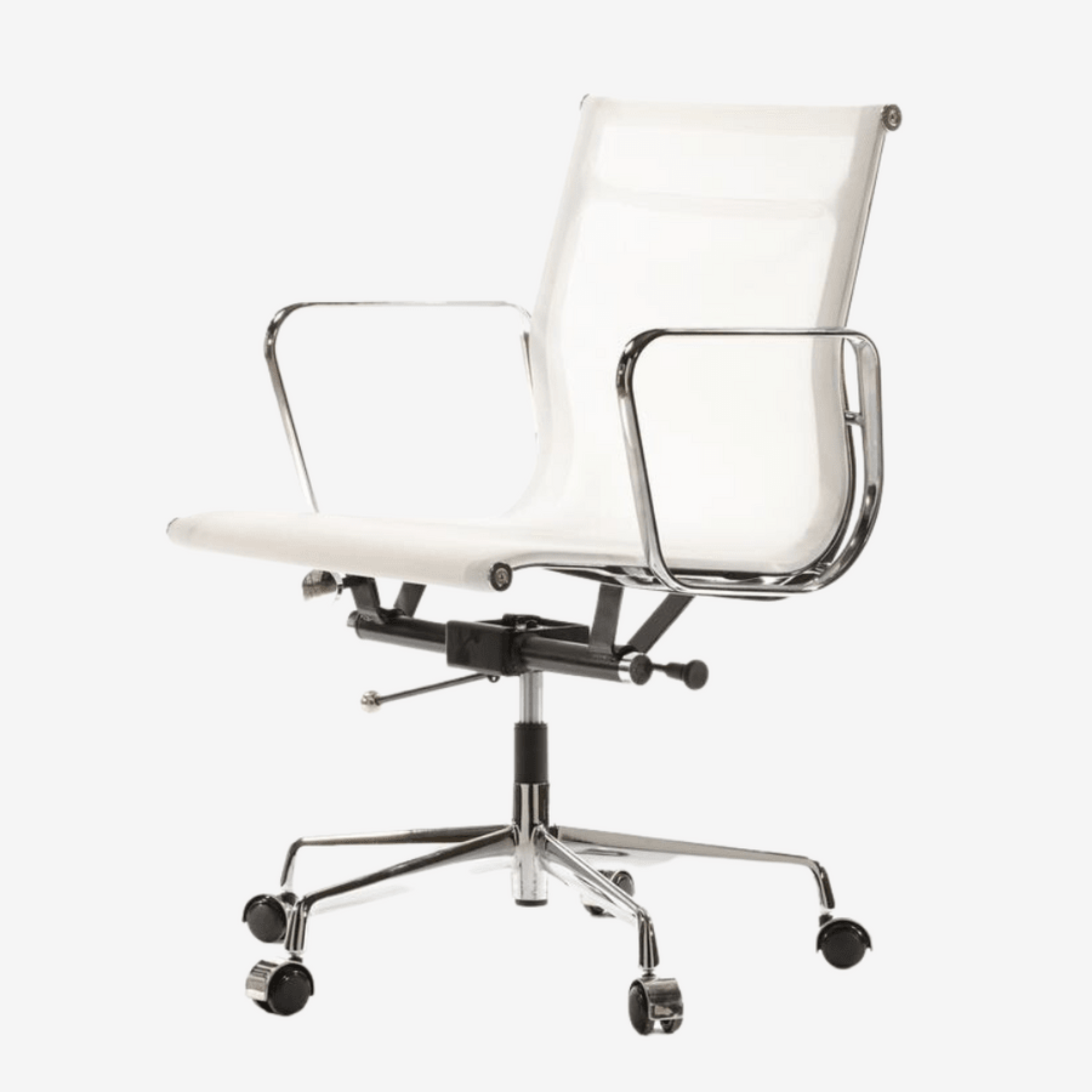 White office chair with a black metal base on a white background eames-mesh-office-chair-ea-117-low-back-white
