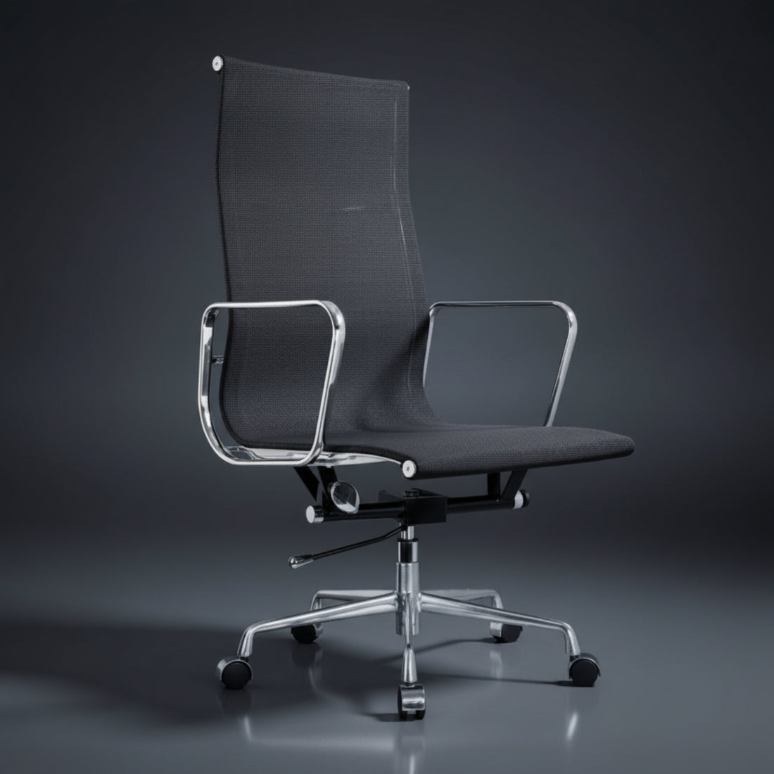 A modern high-back office chair with a black mesh back and seat, supported by a polished chrome base.