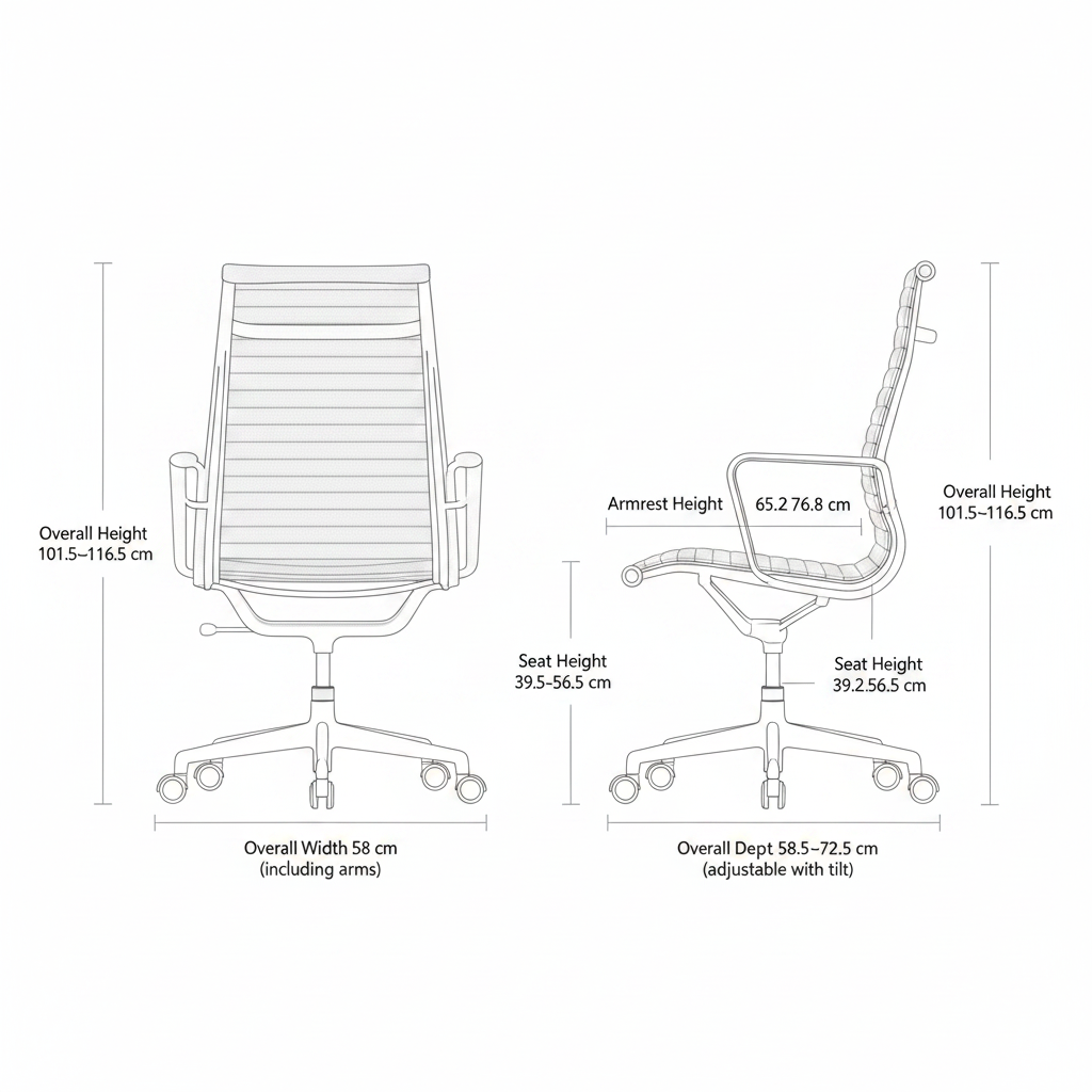 Modern Eames Meshed Office Chair EA 119 dimensions - Width 58cm, Depth 58.5-72.5cm, Height 101.5-116.5cm, Seat Height 39.2-56.5cm, Armrest Height 65.2-76.8cm