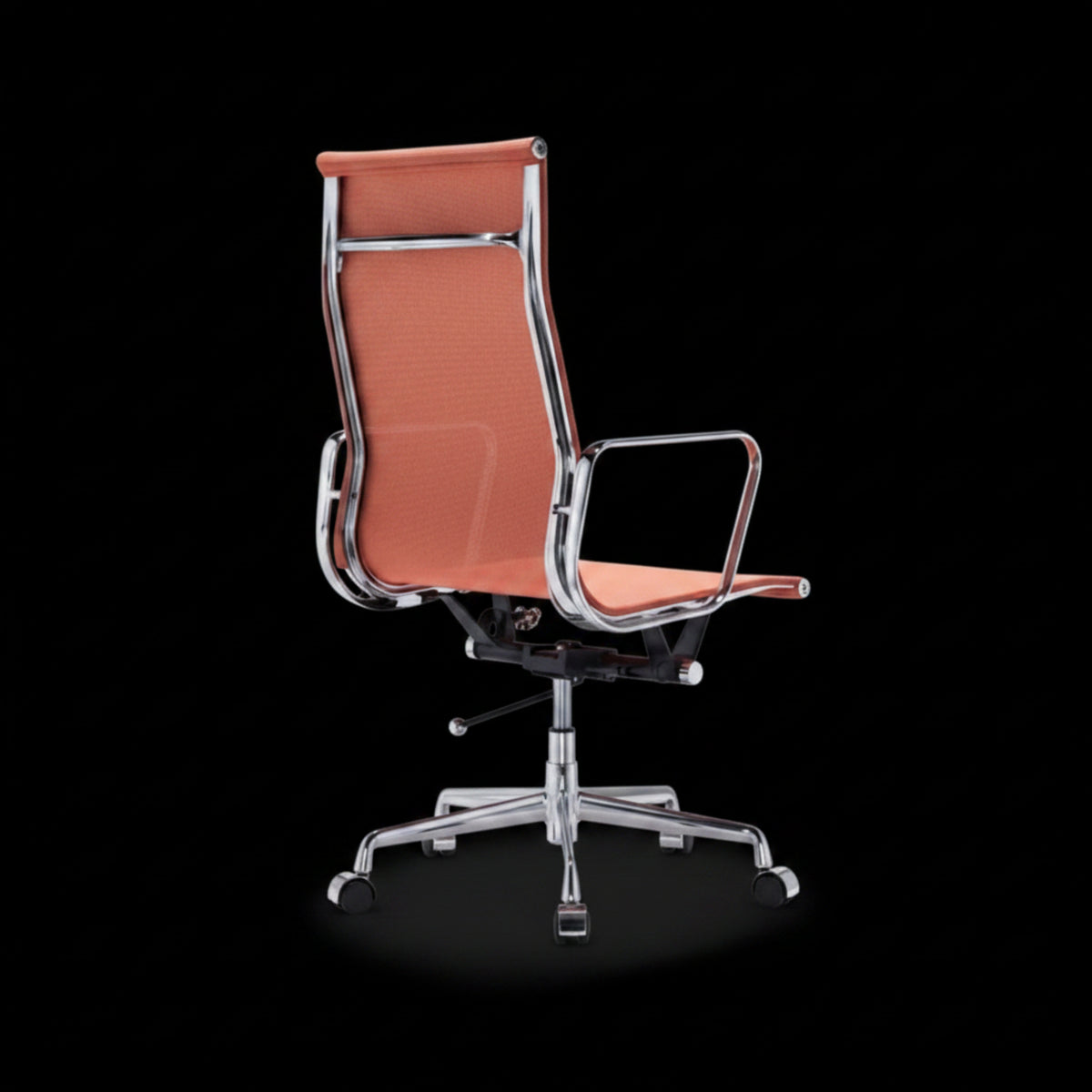 A modern high-back office chair with a textured orange mesh back and seat, supported by a chrome.