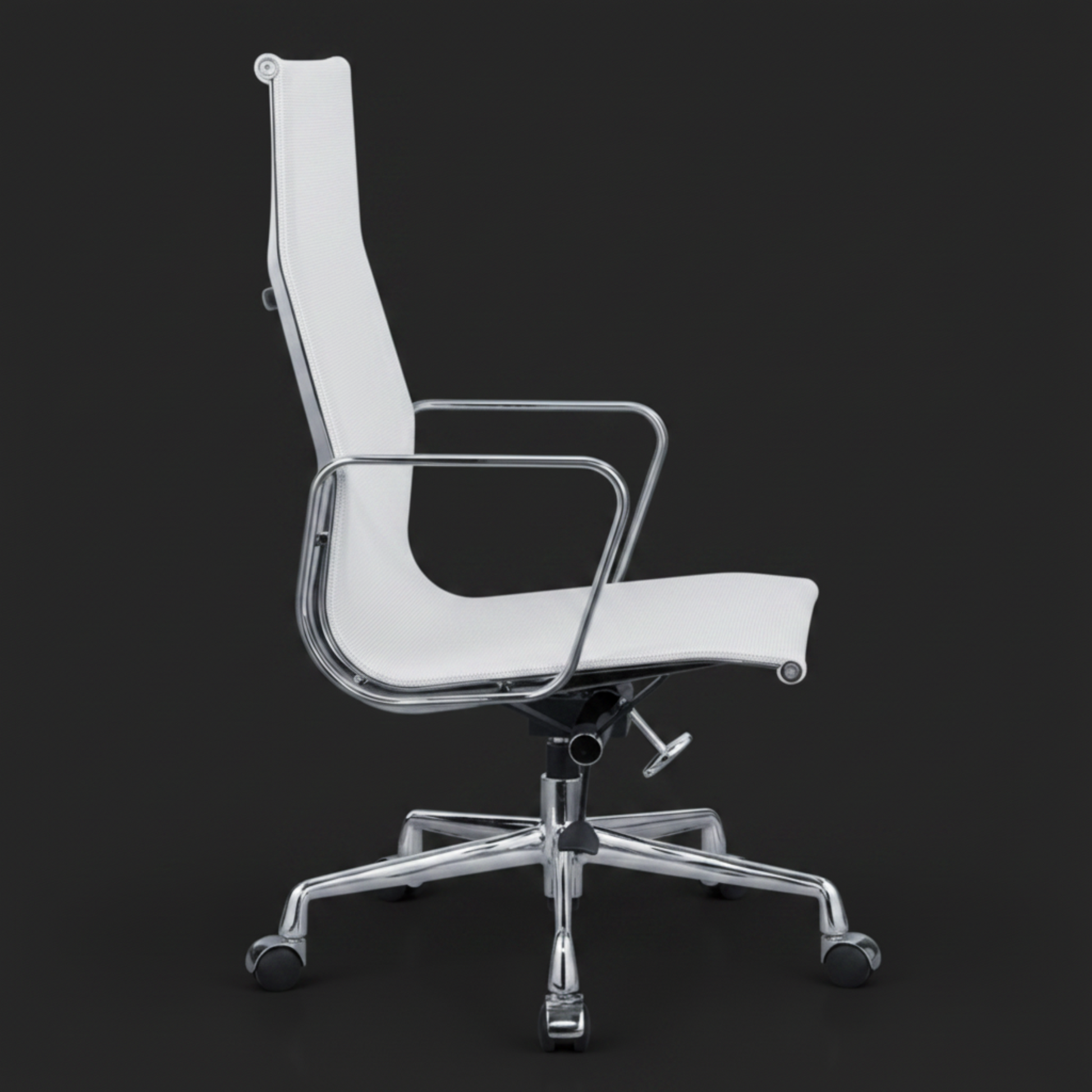 A modern high-back office chair with a white upholstered seat and backrest, supported by a polished chrome five-star base