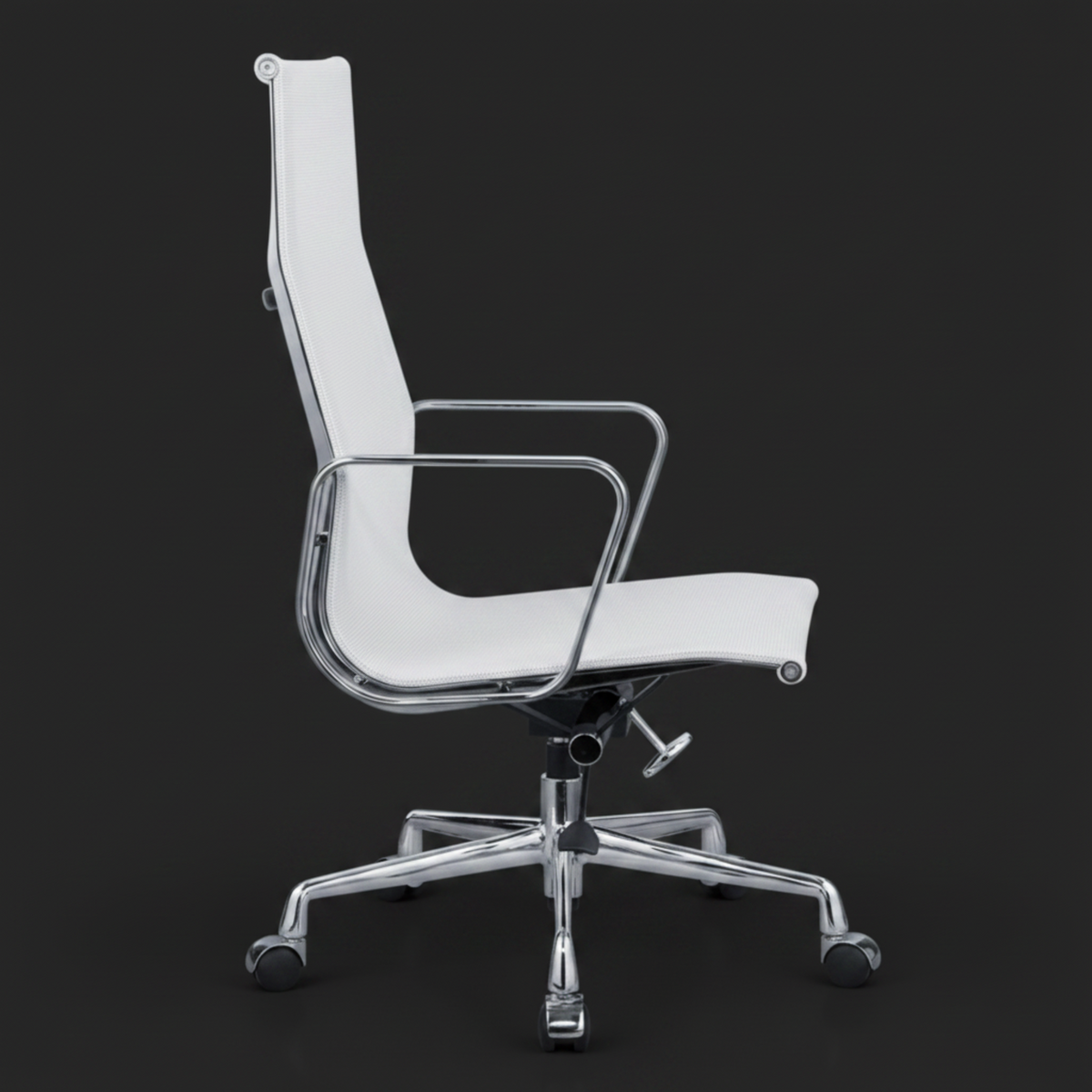 A modern high-back office chair with a white upholstered seat and backrest, supported by a polished chrome five-star base