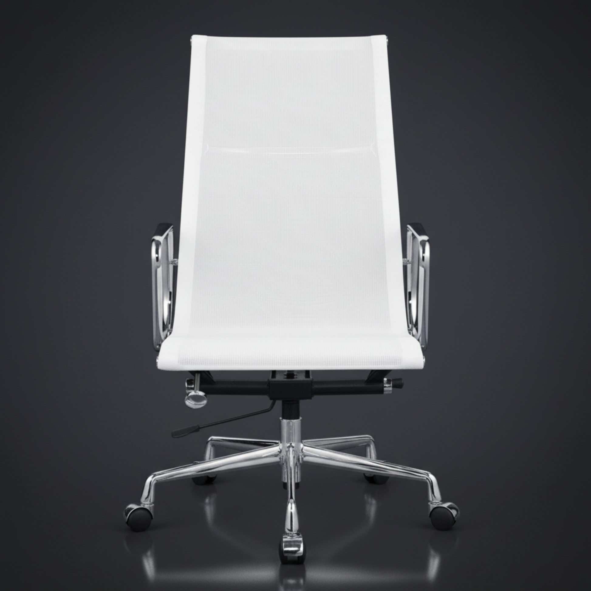 A modern high-back office chair with a white upholstered seat and backrest, chrome metal armrests