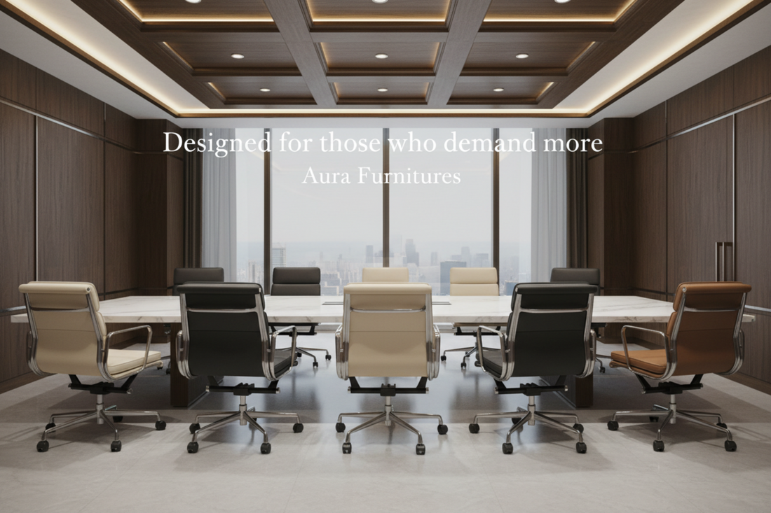 A modern office chair with dark brown leather upholstery and a polished chrome metal frame.
