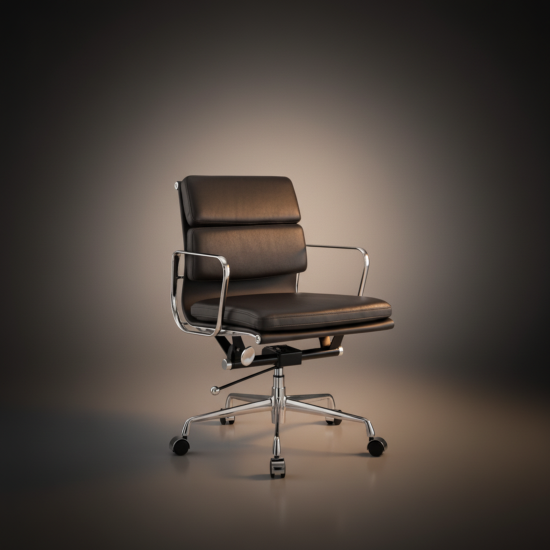 A modern office chair with dark brown leather upholstery and a polished chrome metal frame.