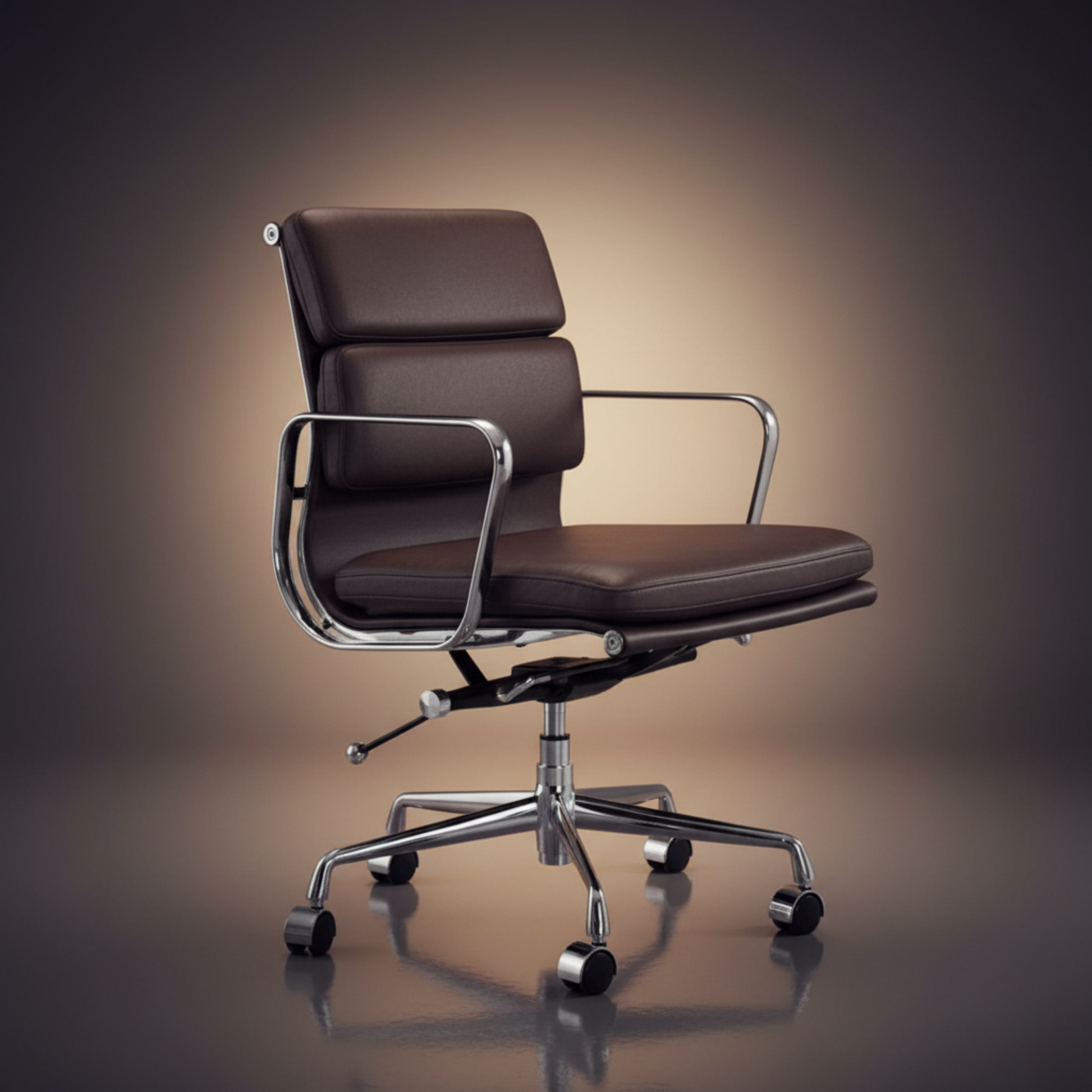 A modern office chair with dark brown leather upholstery and a polished chrome metal frame and base.