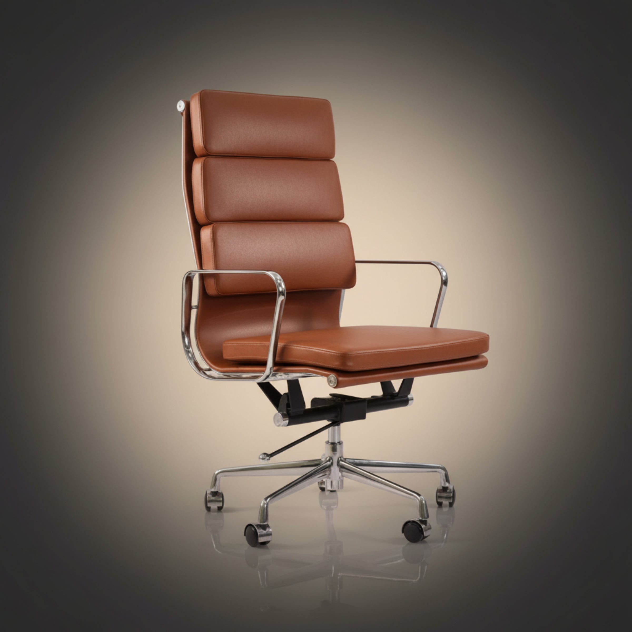 Eames Ergonomic Soft Pad Office Chair EA 219 - High Back Support, Tan Brown Leather - Aura Furnitures