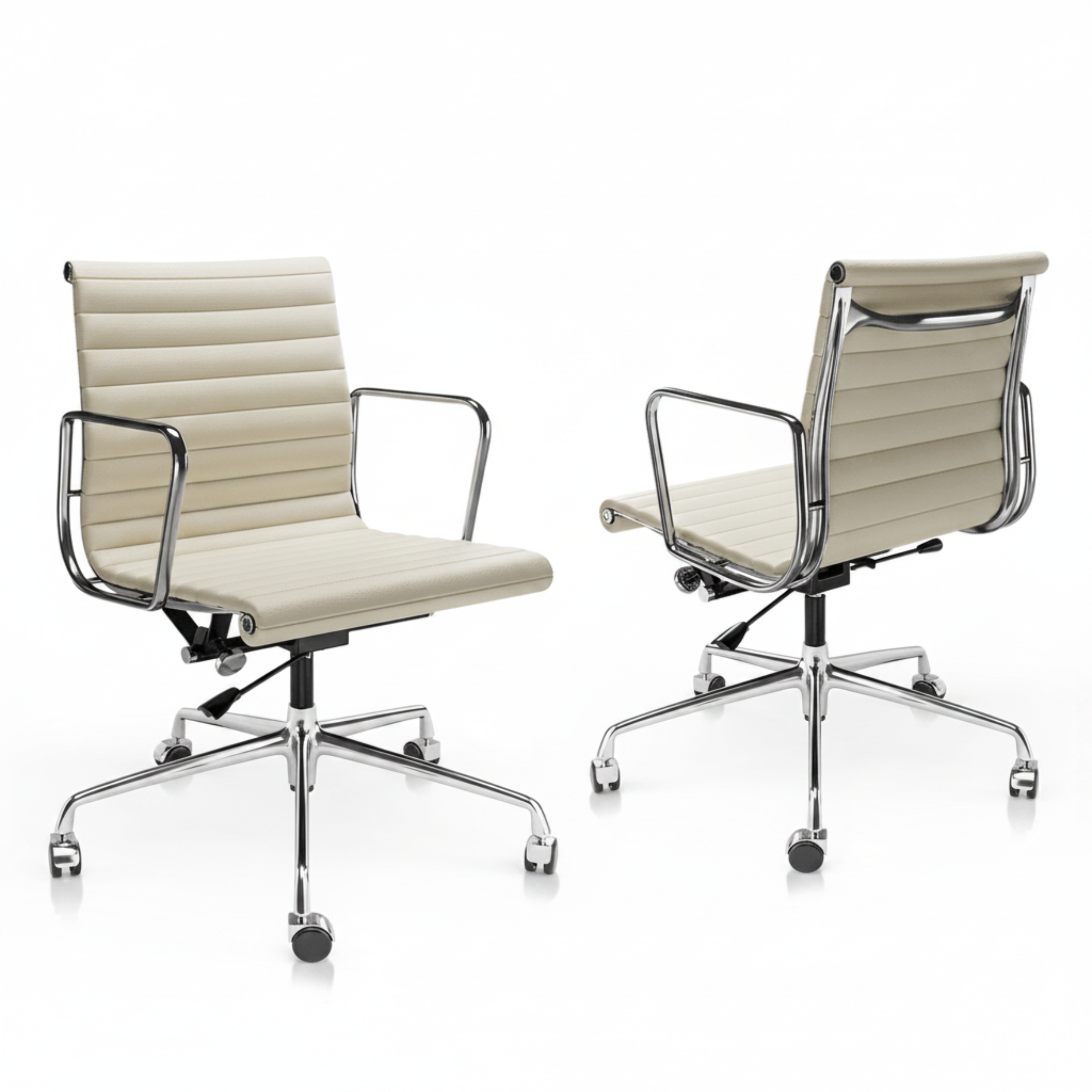 Eames Style Thin Pad Office Chair EA 117 - Ribbed Low Back, White Leather - Aura Furnitures