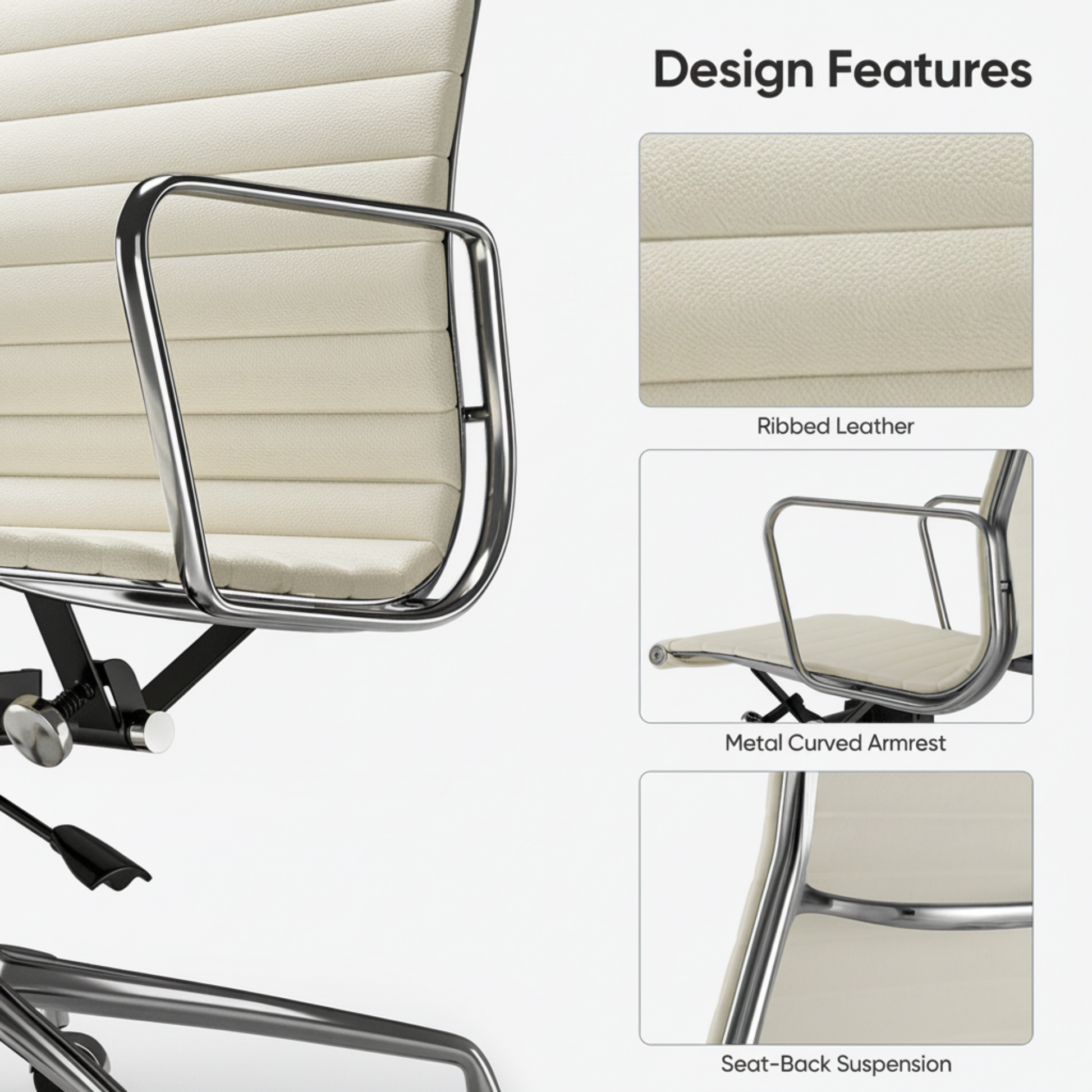 Eames Style Thin Pad Office Chair EA 117 - Ribbed Low Back, White Leather - Aura Furnitures