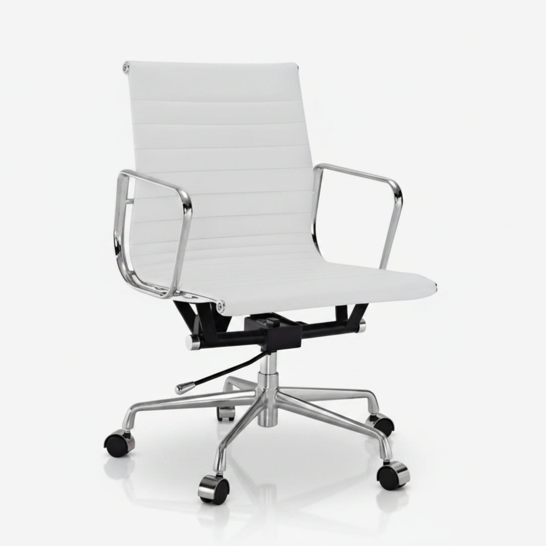 Eames Style Thin Pad Office Chair EA 117 - Ribbed Low Back, White Leather - Aura Furnitures