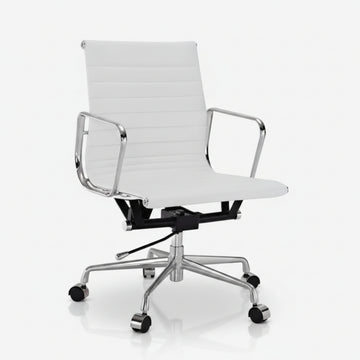 Eames Style Thin Pad Office Chair EA 117 - Ribbed Low Back, White Leather - Aura Furnitures