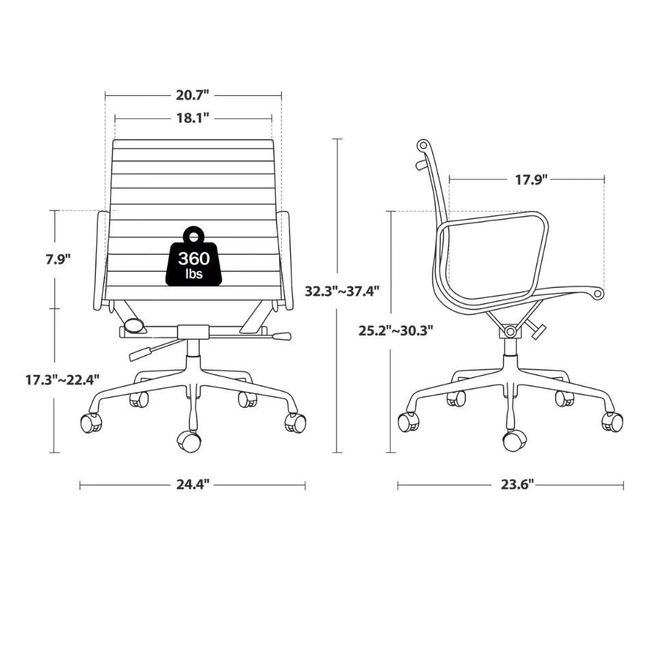 Eames EA 117 Low Back Thin Pad Ribbed Office Chair dimensions and size guide