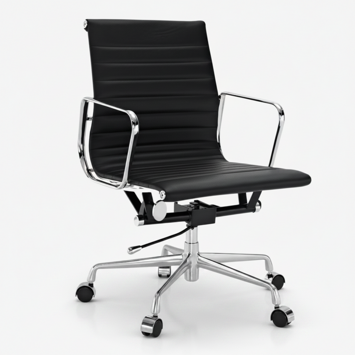 Eames Style Thin Pad Office Chair EA 117 - Ribbed Low Back, Black Leather - Aura Furnitures