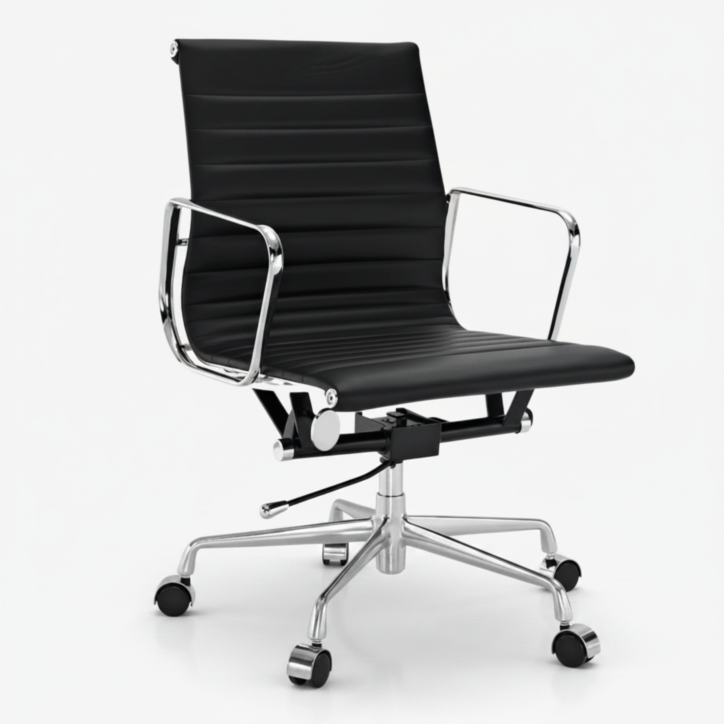 Eames Style Thin Pad Office Chair EA 117 - Ribbed Low Back, Black Leather - Aura Furnitures