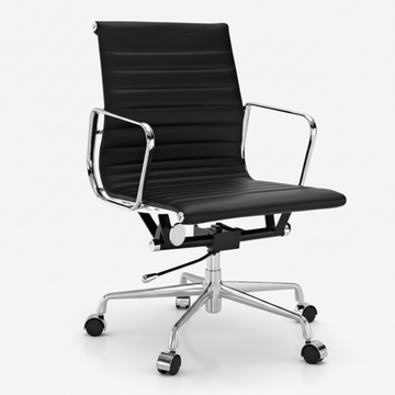 Eames Style Thin Pad Office Chair EA 117 - Ribbed Low Back, Black Leather - Aura Furnitures