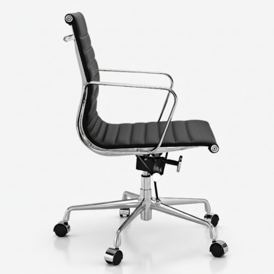Eames Style Thin Pad Office Chair EA 117 - Ribbed Low Back, Black Leather - Aura Furnitures