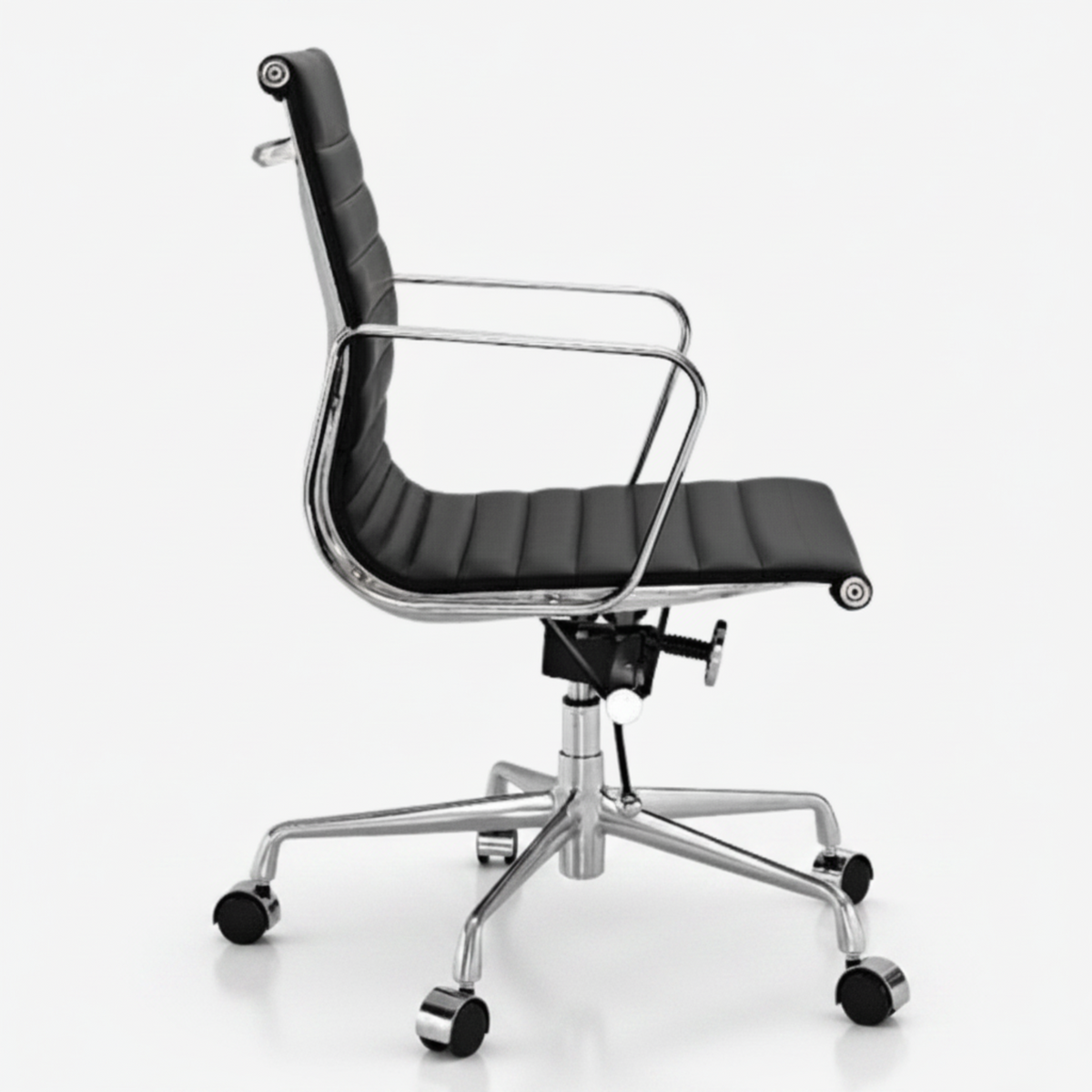 A modern office chair with a black padded seat and backrest, supported by a chrome five-star base.