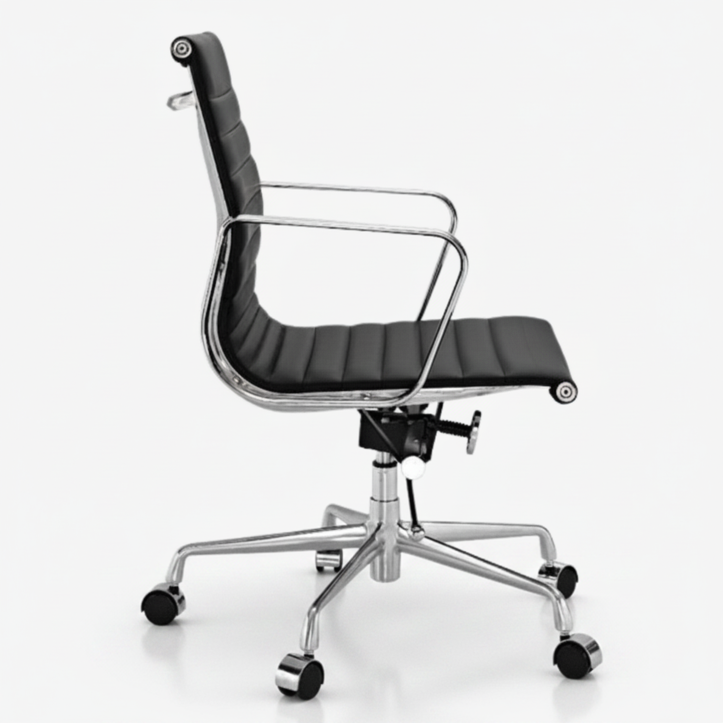 A modern office chair with a black padded seat and backrest, supported by a chrome five-star base.