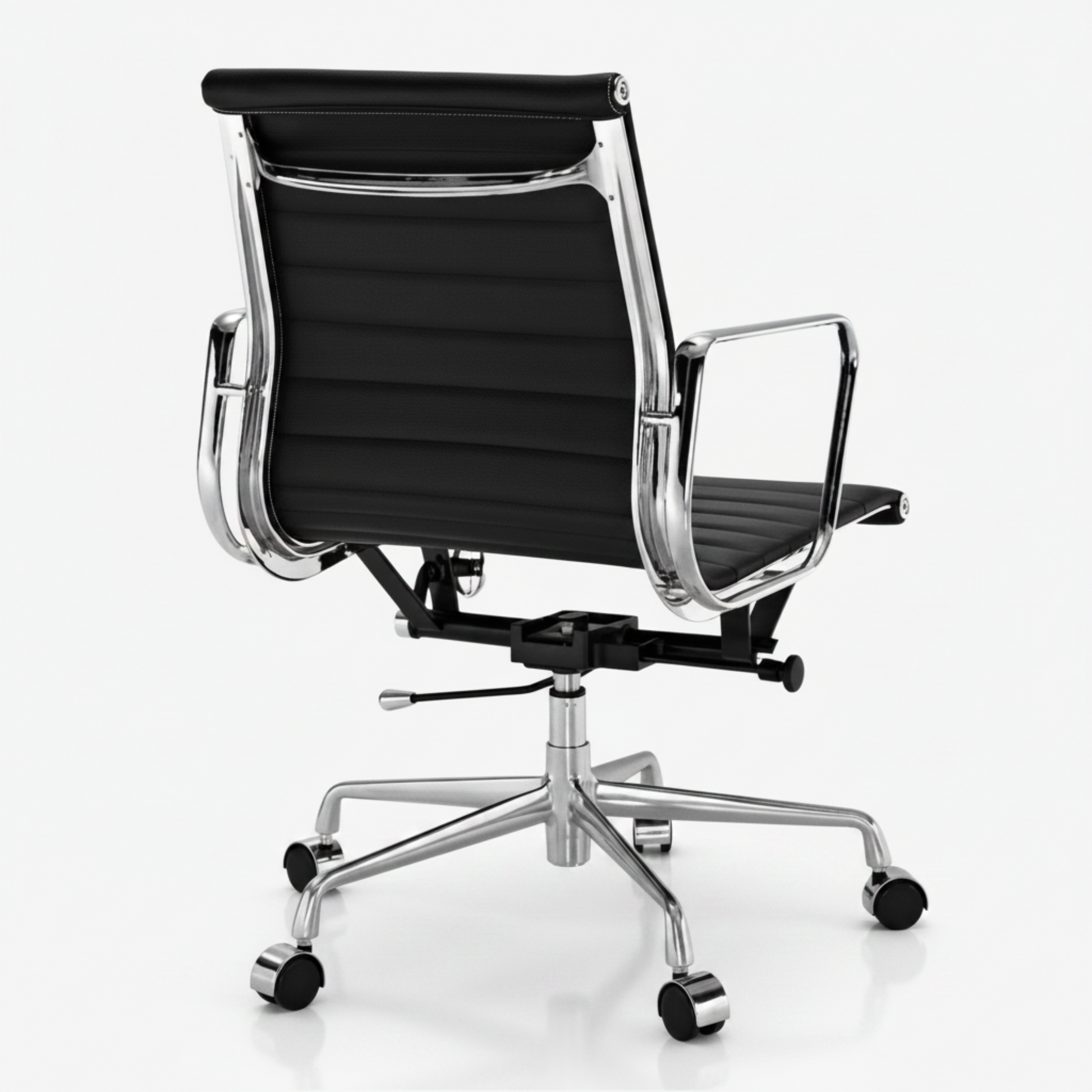 A modern black office chair with a ribbed high-back seat and backrest, featuring a polished chrome.