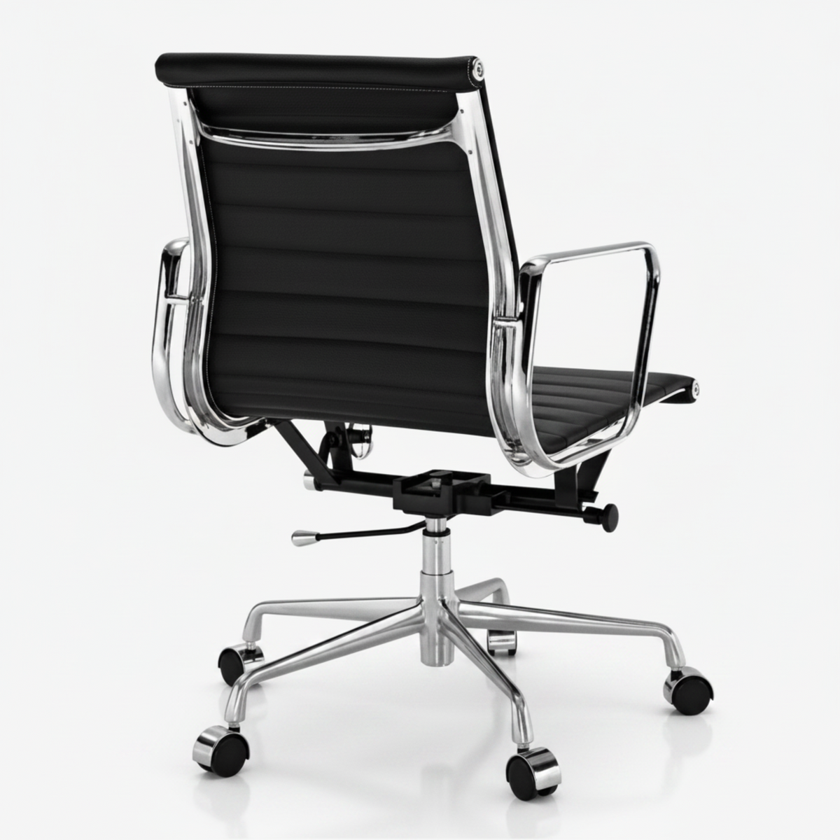 A modern black office chair with a ribbed high-back seat and backrest, featuring a polished chrome.