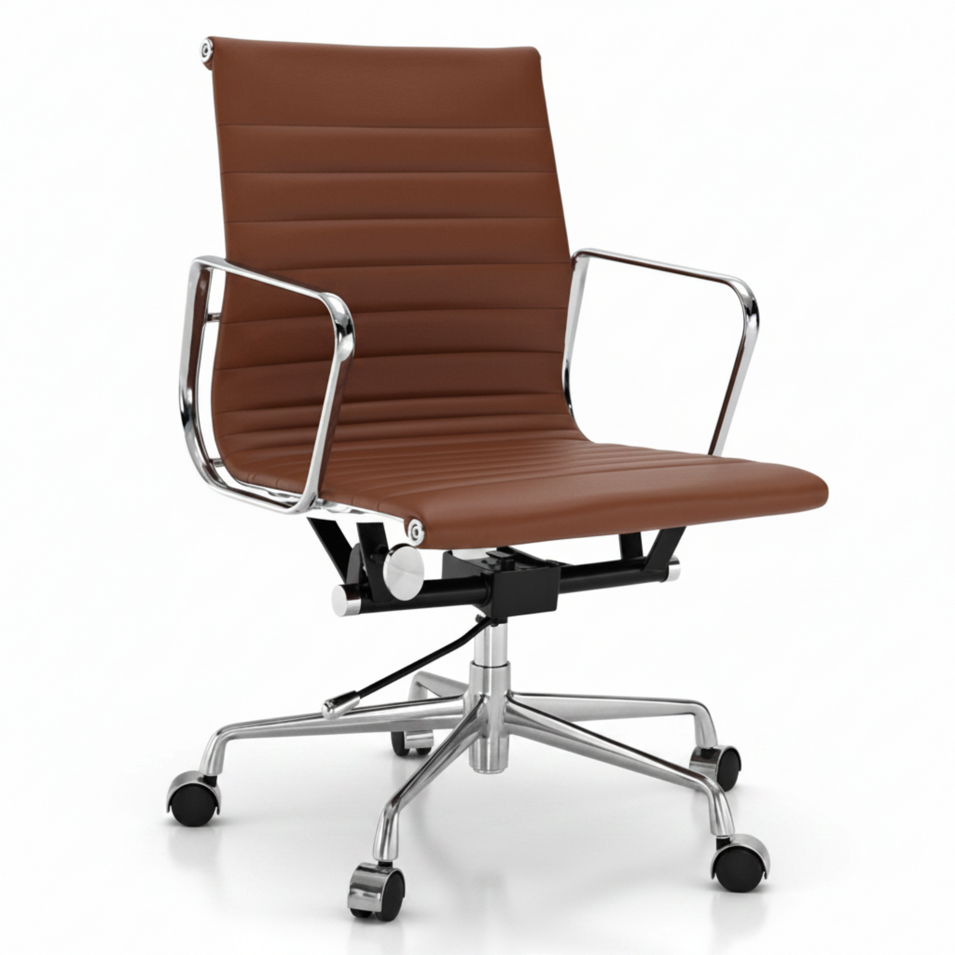 Brown office chair with chrome frame and wheels on a white background