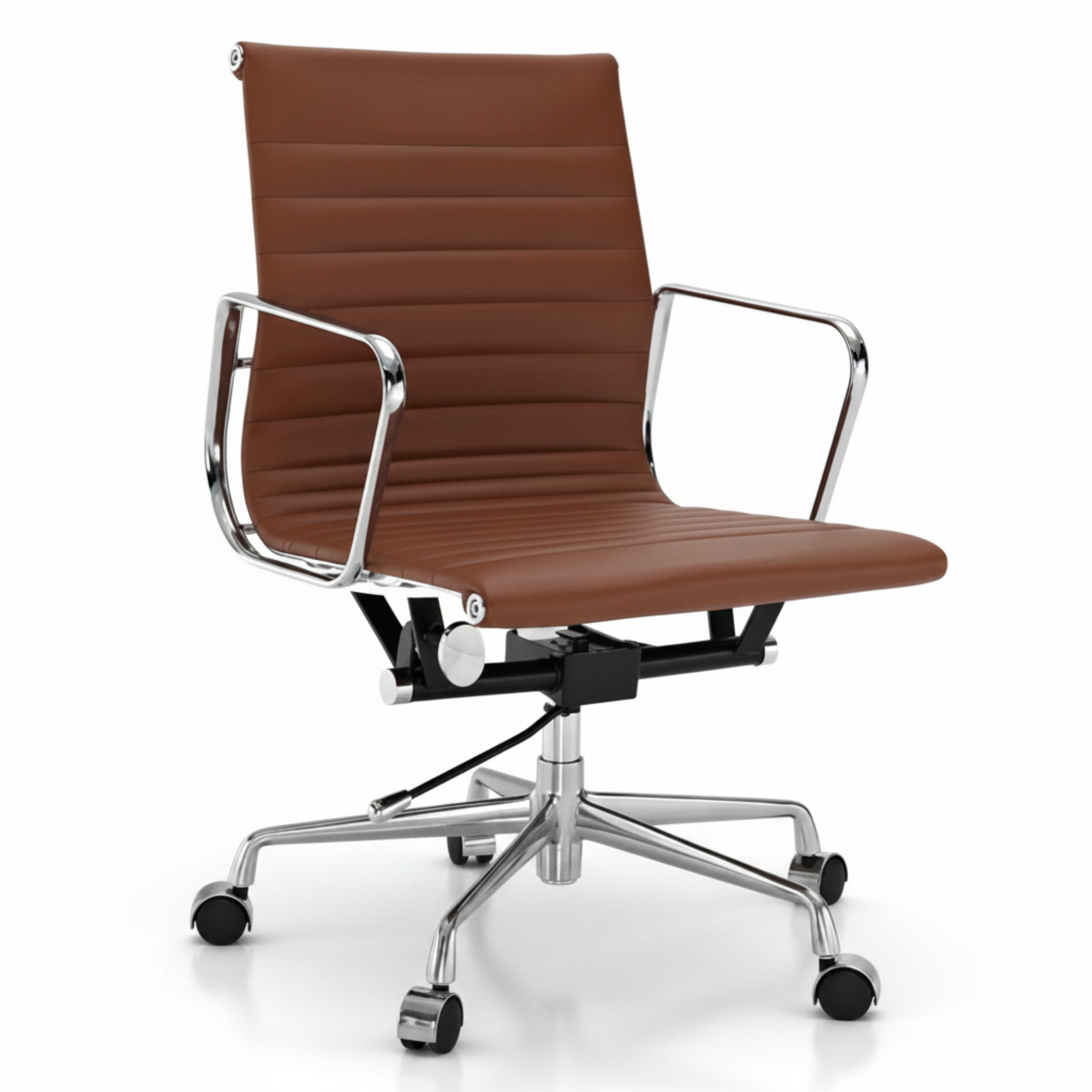 Brown office chair with chrome frame and wheels on a white background
