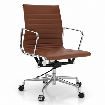 Brown office chair with chrome frame and wheels on a white background
