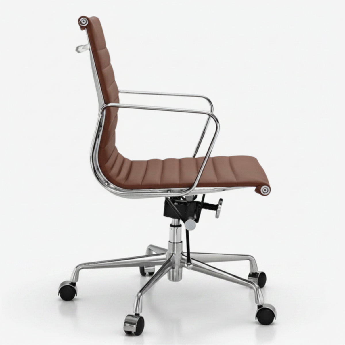 Eames Style Thin Pad Office Chair EA 117 - Ribbed Low Back, Brown Leather - Aura Furnitures