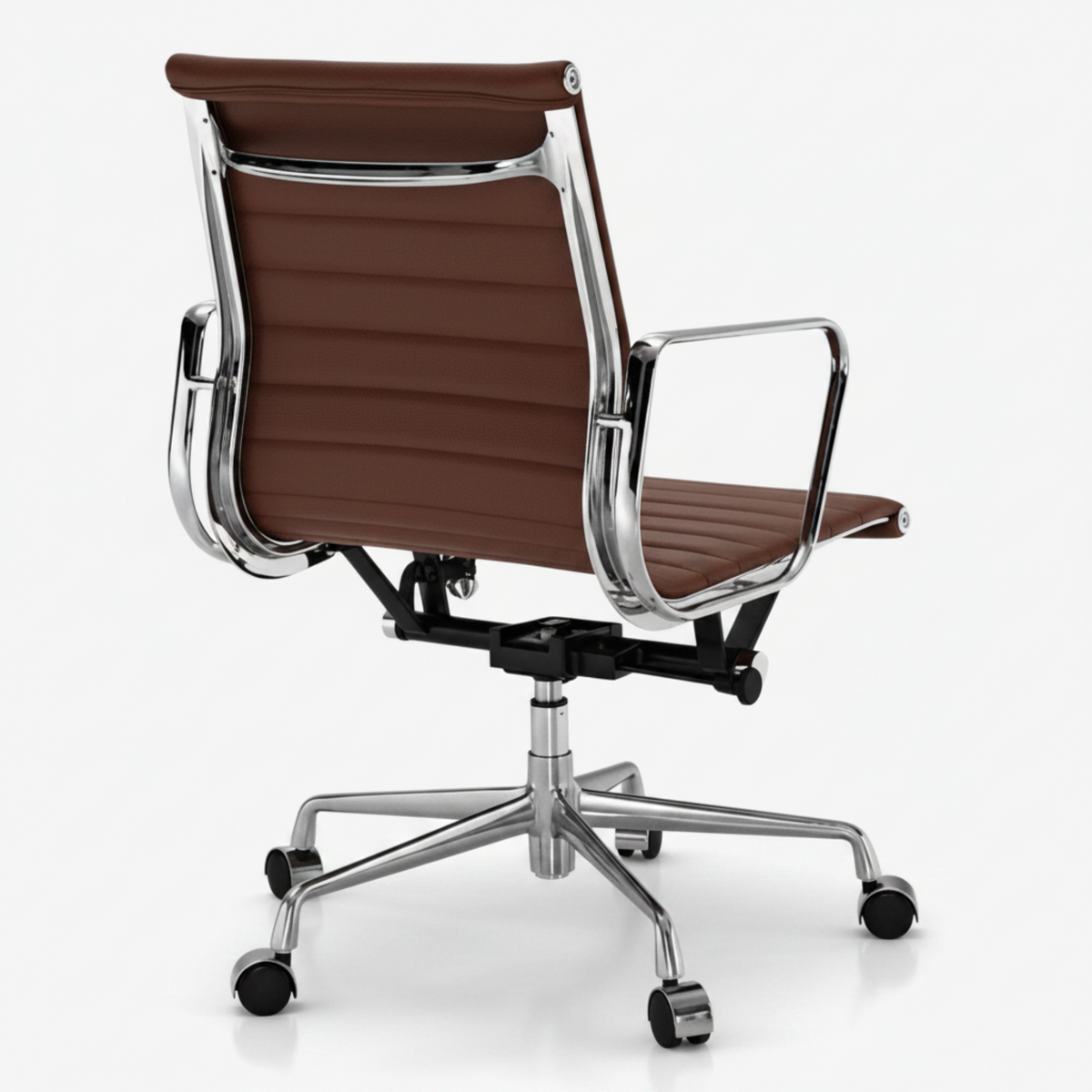A modern office chair with brown padded upholstery and a polished chrome metal frame.