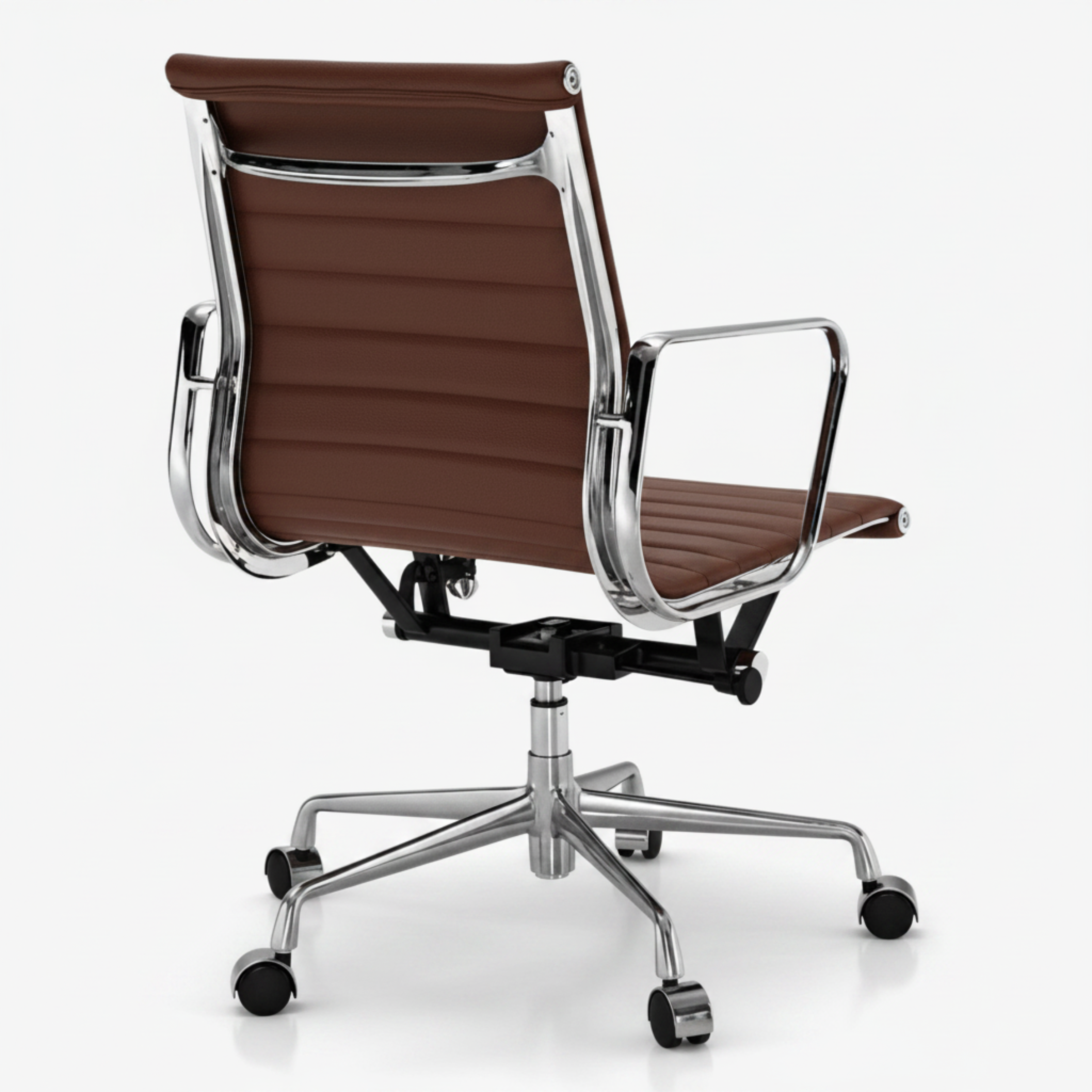 A modern office chair with brown padded upholstery and a polished chrome metal frame.