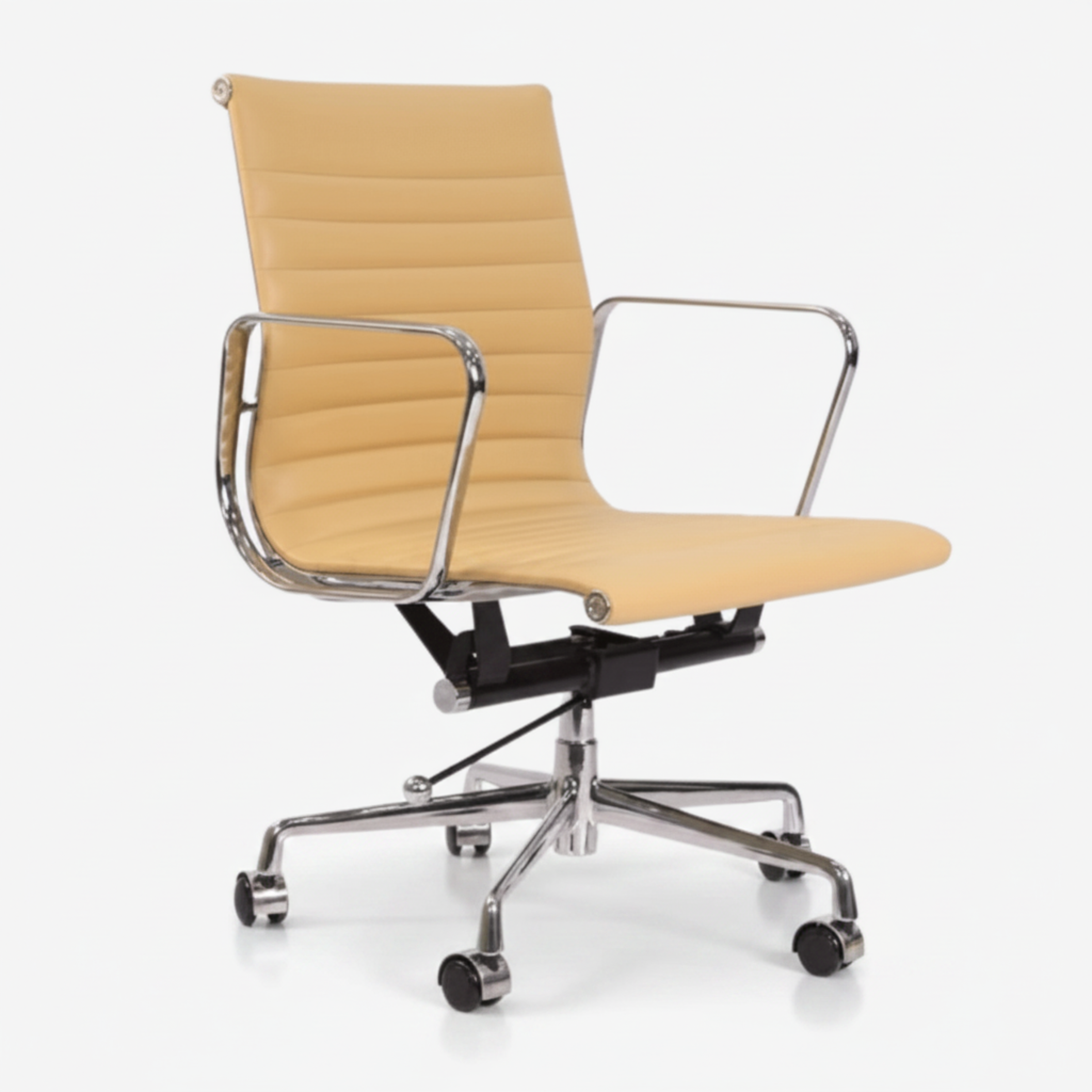 A modern Cream office chair with a beige ribbed faux-leather seat and backrest, supported by a black gas-lift mechanism.