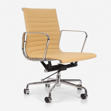 A modern Cream office chair with a beige ribbed faux-leather seat and backrest, supported by a black gas-lift mechanism.