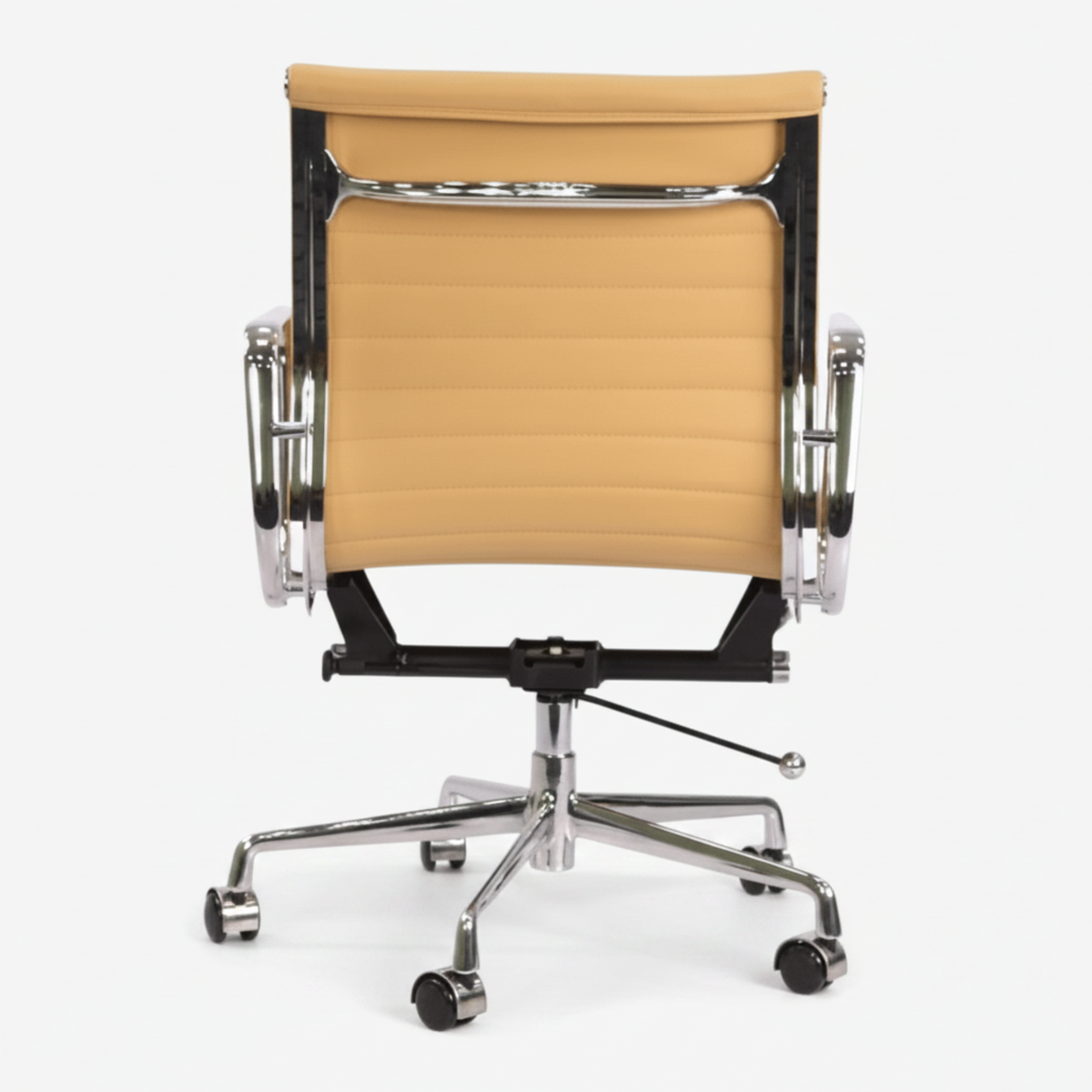 A modern office chair with a curved backrest upholstered in tan leatherette, supported by a black metal frame.