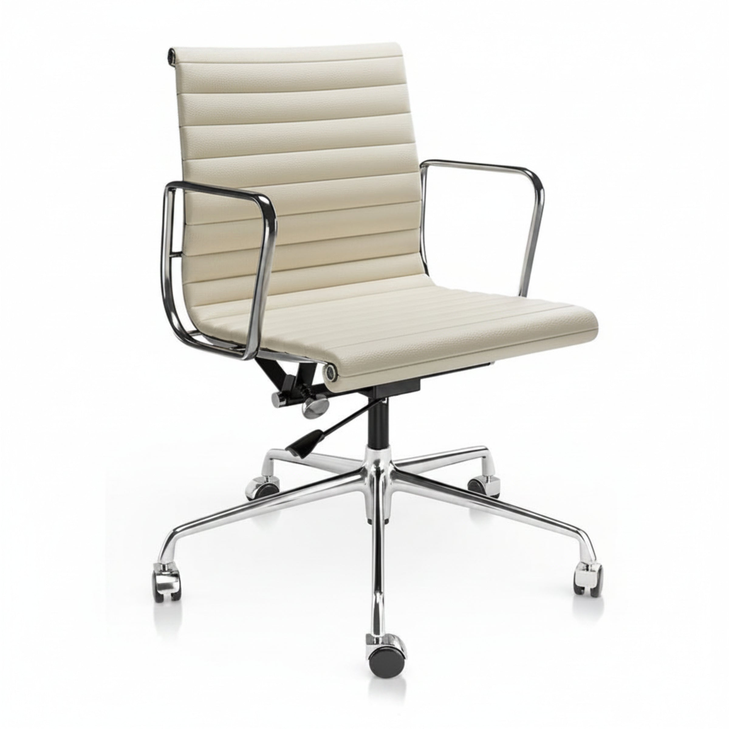 Eames Style Thin Pad Office Chair EA 117 - Ribbed Low Back, Ivory White Leather - Aura Furnitures