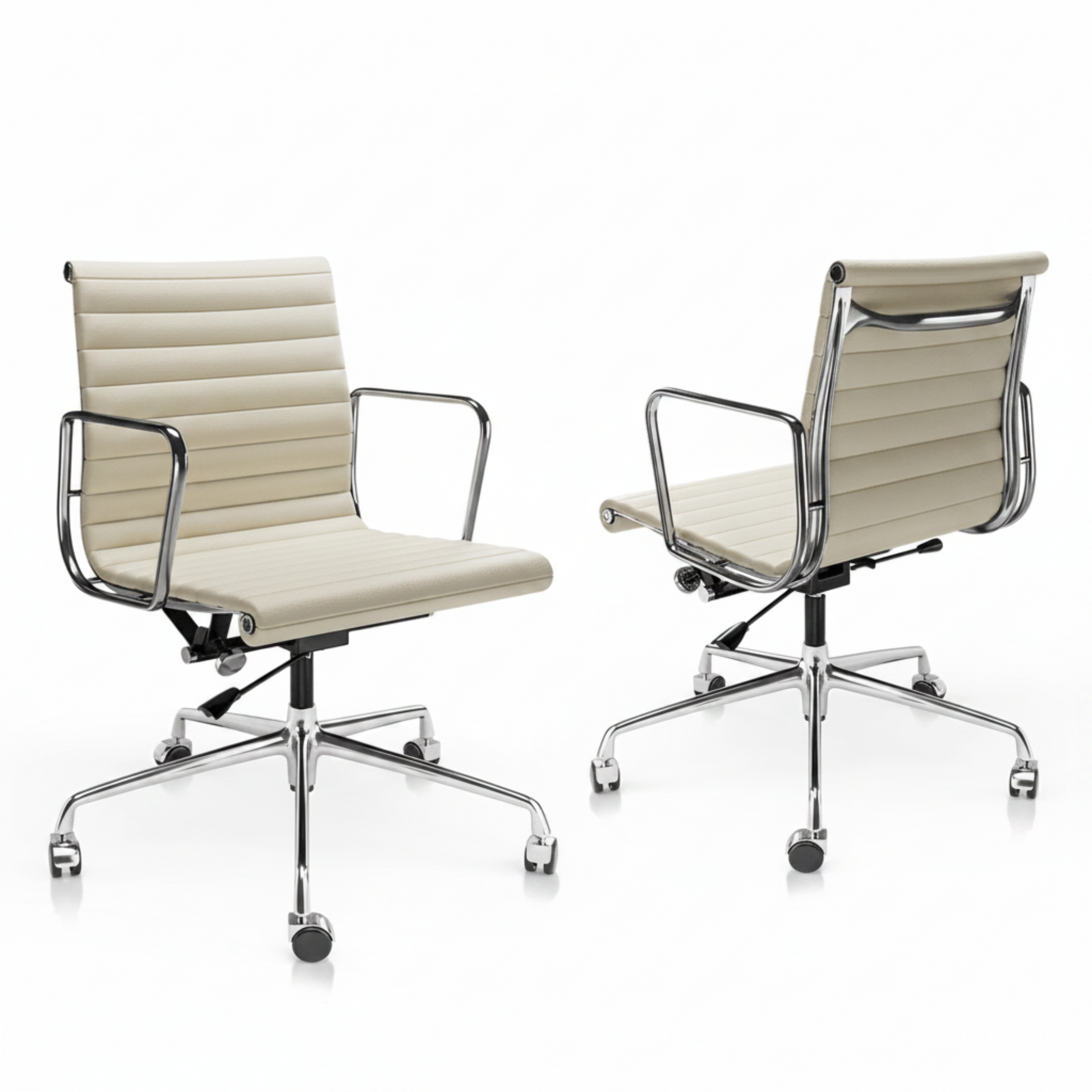 Two views of a modern office chair with cream-colored padded upholstery and a polished chrome five-star base.