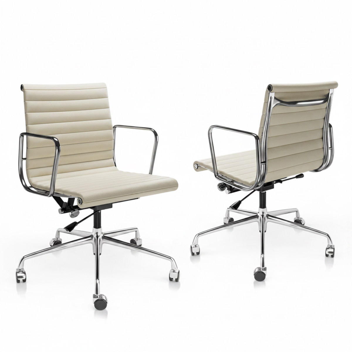 Two views of a modern office chair with cream-colored padded upholstery and a polished chrome five-star base.