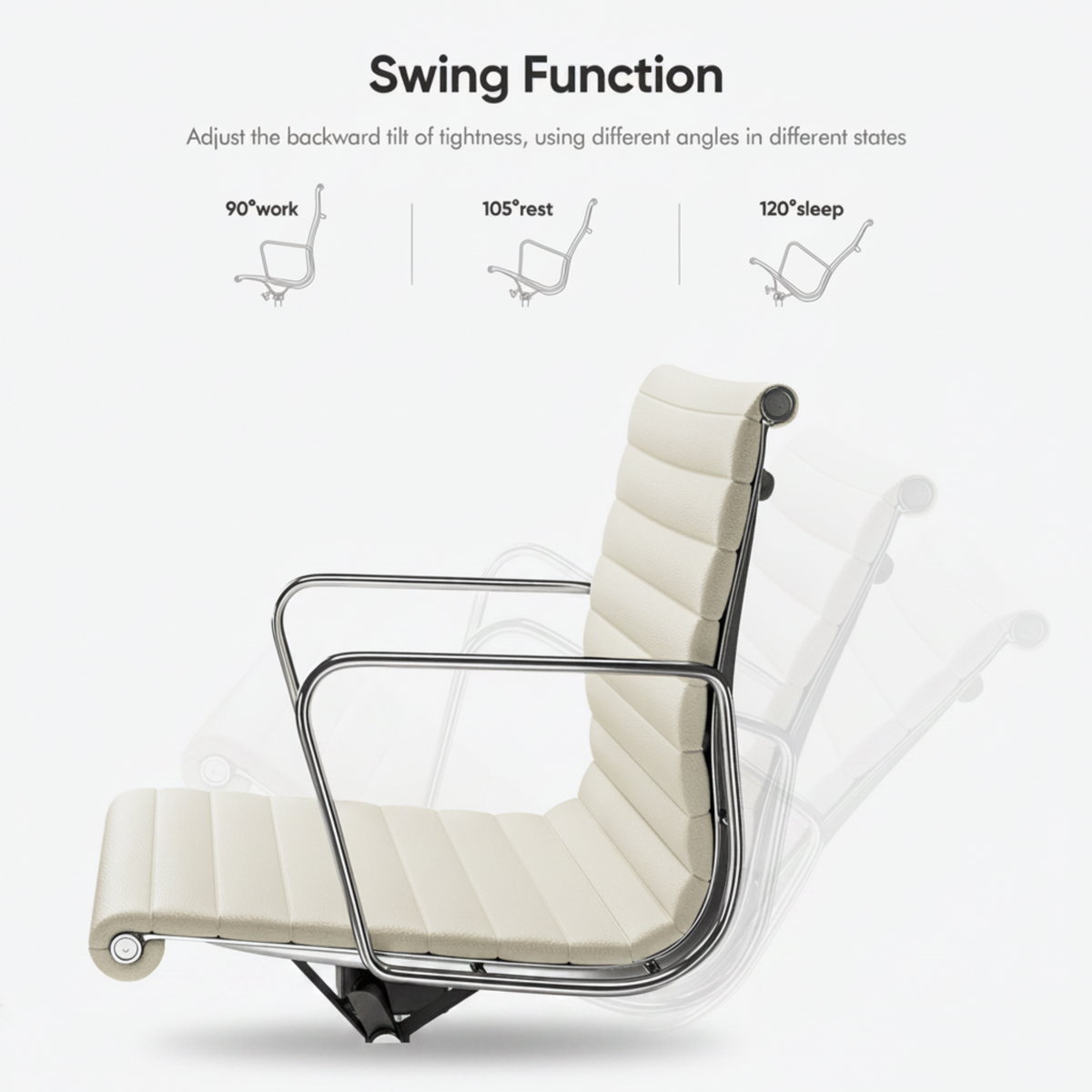 An office chair with cream-colored padded upholstery and a chrome metal frame, shown with a faint ghosted secondary chair.