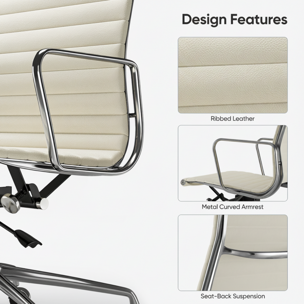 An office chair with cream ribbed leather upholstery and a polished chrome metal frame, shown alongside feature.